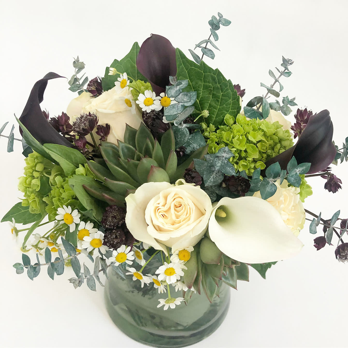 Succulent Fun - This arrangement features succulents, calla lily, white roses and lush greens. 