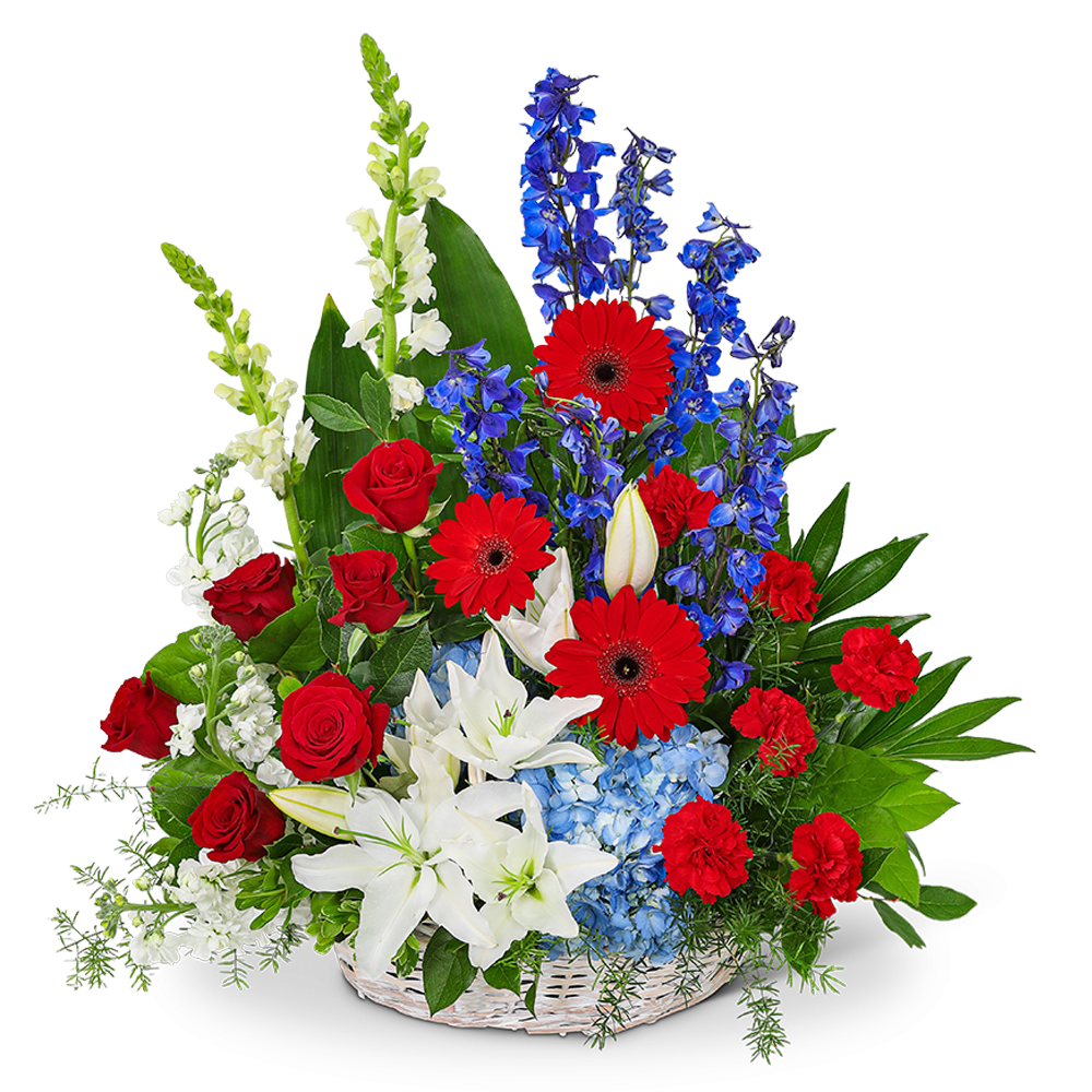 Stars and Stripes Forever Basket Stars and Stripes Forever Basket - Honor the spirit of patriotism and pay tribute to a life filled with an unwavering love for country with our magnificent Stars and Stripes Forever Basket. This stunning flower arrangement captures the essence of loyalty, bravery, and steadfast devotion.Their harmonious blend represents the diverse tapestry of a life lived with dedication and love for one's nation.