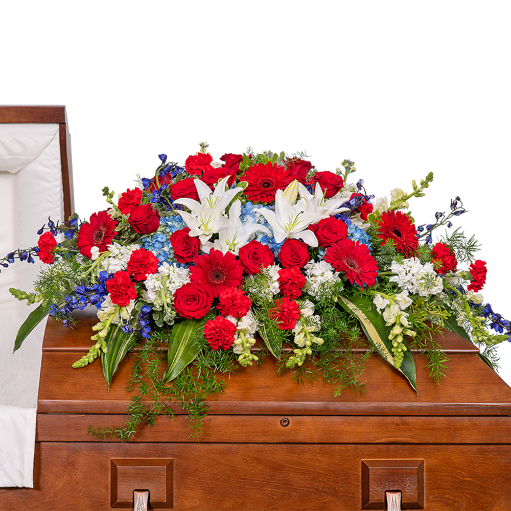 Stars and Stripes Forever Casket Spray Stars and Stripes Forever Casket Spray - Honor the spirit of patriotism and pay tribute to a life filled with an unwavering love for country with our magnificent Stars and Stripes Forever Casket Spray. This stunning casket spray captures the essence of loyalty, bravery, and steadfast devotion. Their harmonious blend represents the diverse tapestry of a life lived with dedication and love for one's nation.