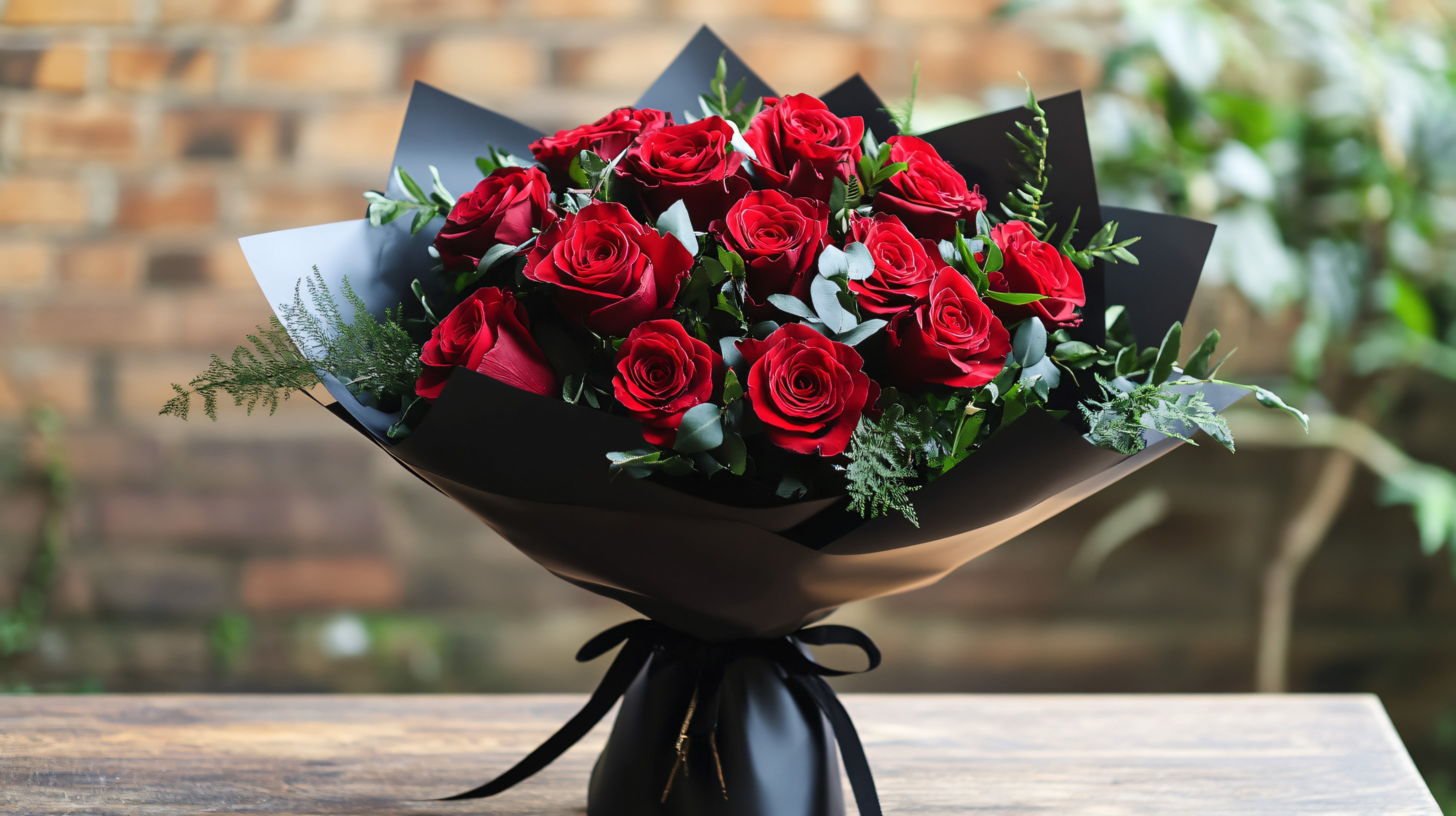 Enchanted Muse - Celebrate love with our stunning Enchanted Muse Bouquet. This exquisite arrangement features a luxurious selection of 1 dozen vibrant red roses, and eucalyptus, symbolizing passion and romance, beautifully wrapped in elegant black paper.   Each rose, meticulously handpicked for its lush petals and rich hue, radiates timeless beauty, making it the perfect gift for your special someone. Complemented by delicate greenery, this bouquet creates a striking contrast that enhances its allure, ensuring it stands out on this romantic occasion.  Wrapped in sleek black paper and adorned with a delicate ribbon, this bouquet exudes sophistication and charm, making it an ideal gift for that special someone. Whether you’re celebrating a new romance or a lifelong partnership, the Enchanted Muse is designed to leave a lasting impression.  Order now to guarantee delivery during the Valentine’s Day week and make this celebration unforgettable. Let this enchanting arrangement be the centerpiece of your love story!  