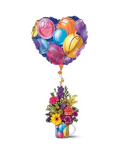 Hip Hip Hooray Bouquet - Why not offer a rousing &quot;Hooray!&quot; to someone with something to celebrate? It's easy! Just send this colorful mug filled with a brightly hued bouquet, plus a giant matching heart-shaped balloon. A ceramic Mugaloon™ decorated with a colorful celebration design, plus a matching 18&quot; heart-shaped foil balloon. The bouquet includes hot pink and orange carnations, purple miniature carnations and larkspur, and a yellow gerbera. Approximately (without balloon) 14&quot; (H) x 9&quot; (W) Orientation: One-Sided As Shown : 06N400B