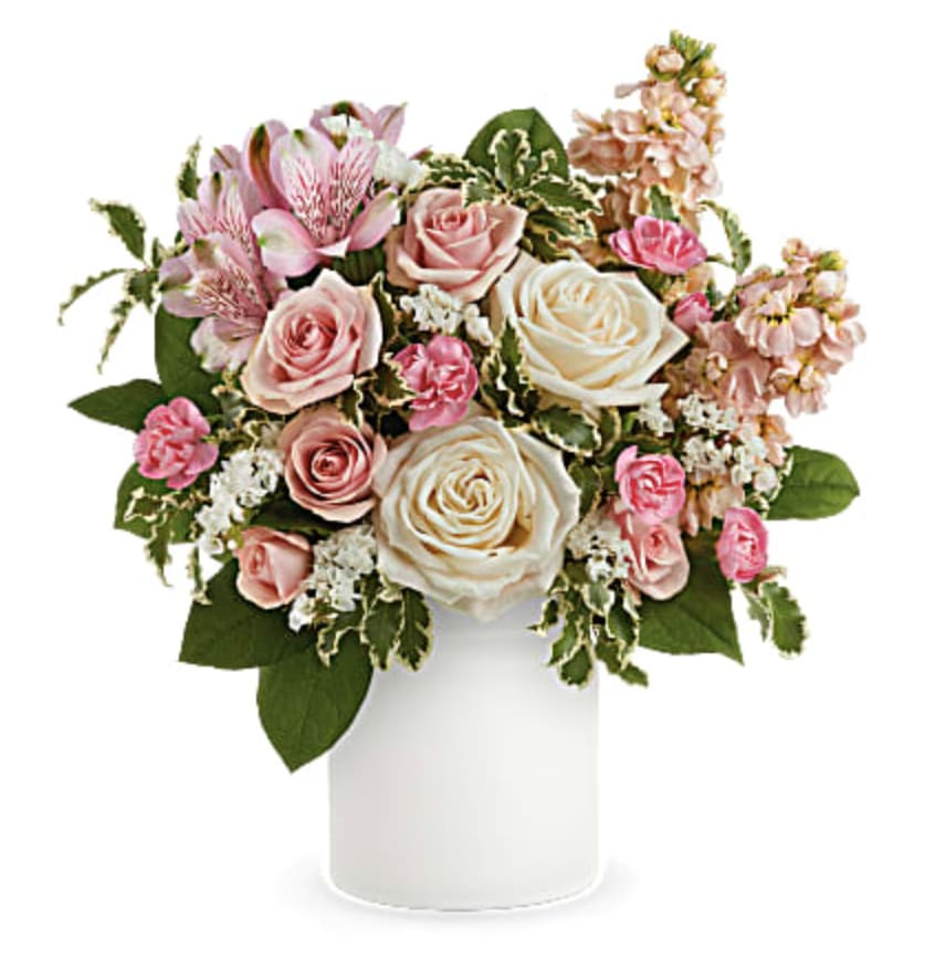 Pastel Party - Make her feel like the princess she is with this perfect pastel rose bouquet, gathered in a charming frosted glass jar with chic matte finish.