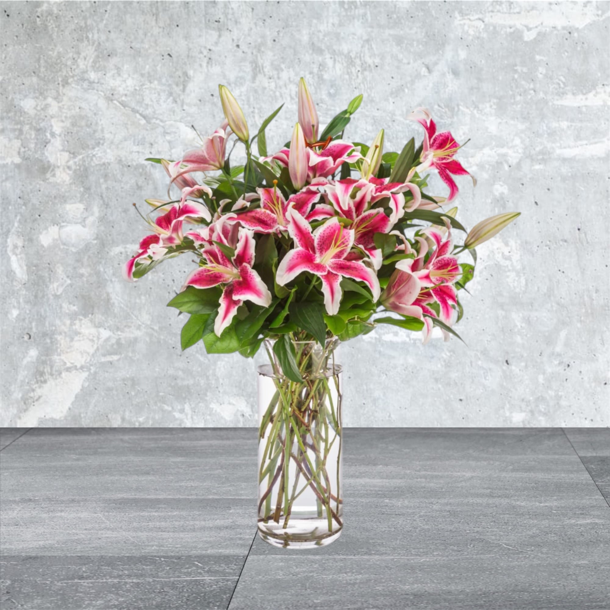 Splendent Stargazer - Pink lilies stand for love, admiration, compassion, and femininity. Send this sweet-smelling lily arrangement for Mother's Day, Women's Day, or an Anniversary.