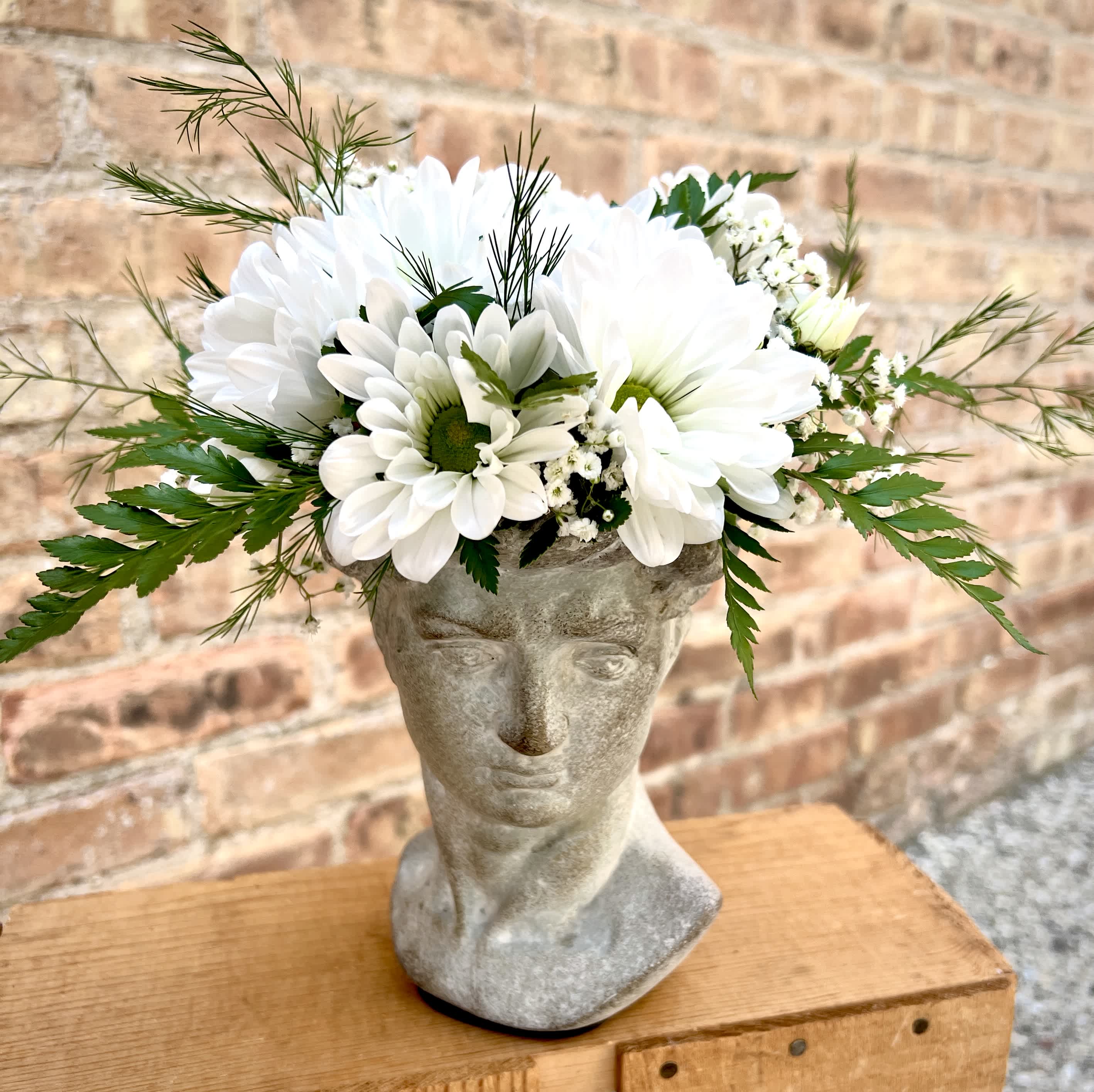 Adonis Dreams of Daisies - This adorable arrangement is in a cement vase shaped like Adonis and filled with white daisies. A very sweet gift! Approximately 9&quot; H x 9&quot; W.  We are proud to deliver our flower creations to the Kenosha, Somers, and Pleasant Prairie area. With over 55 years of combined flower design experience in Kenosha, Wisconsin, A Summer's Garden Florist and Gifts is the perfect choice for the freshest flowers, the most creative design, and exceptional customer service.