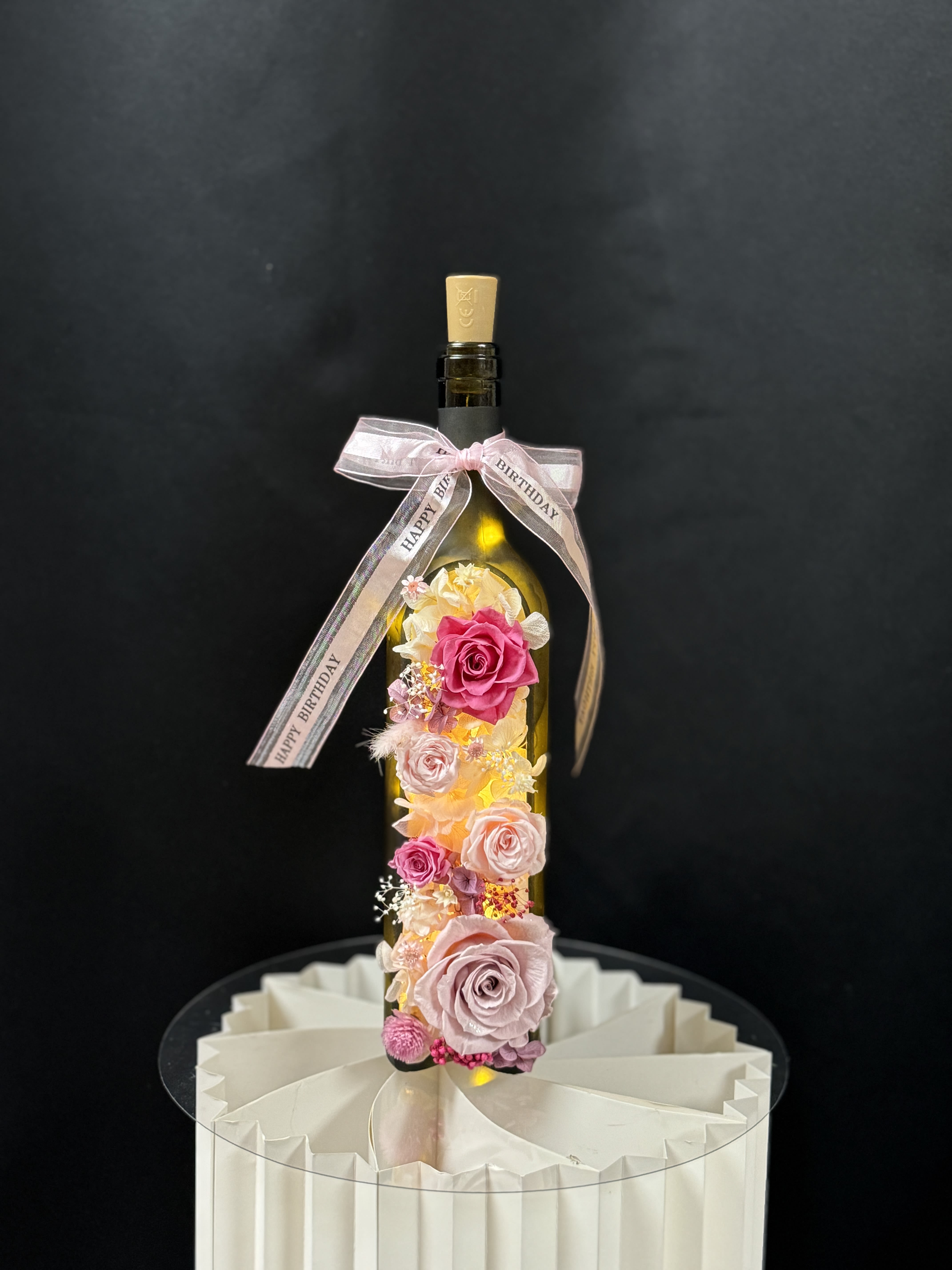 Wine bottle flowers designed  - Can choose and leave a message for the main color you want in the design. Purple, green, blue, red etc Preserved flowers that can last for 1-3 years