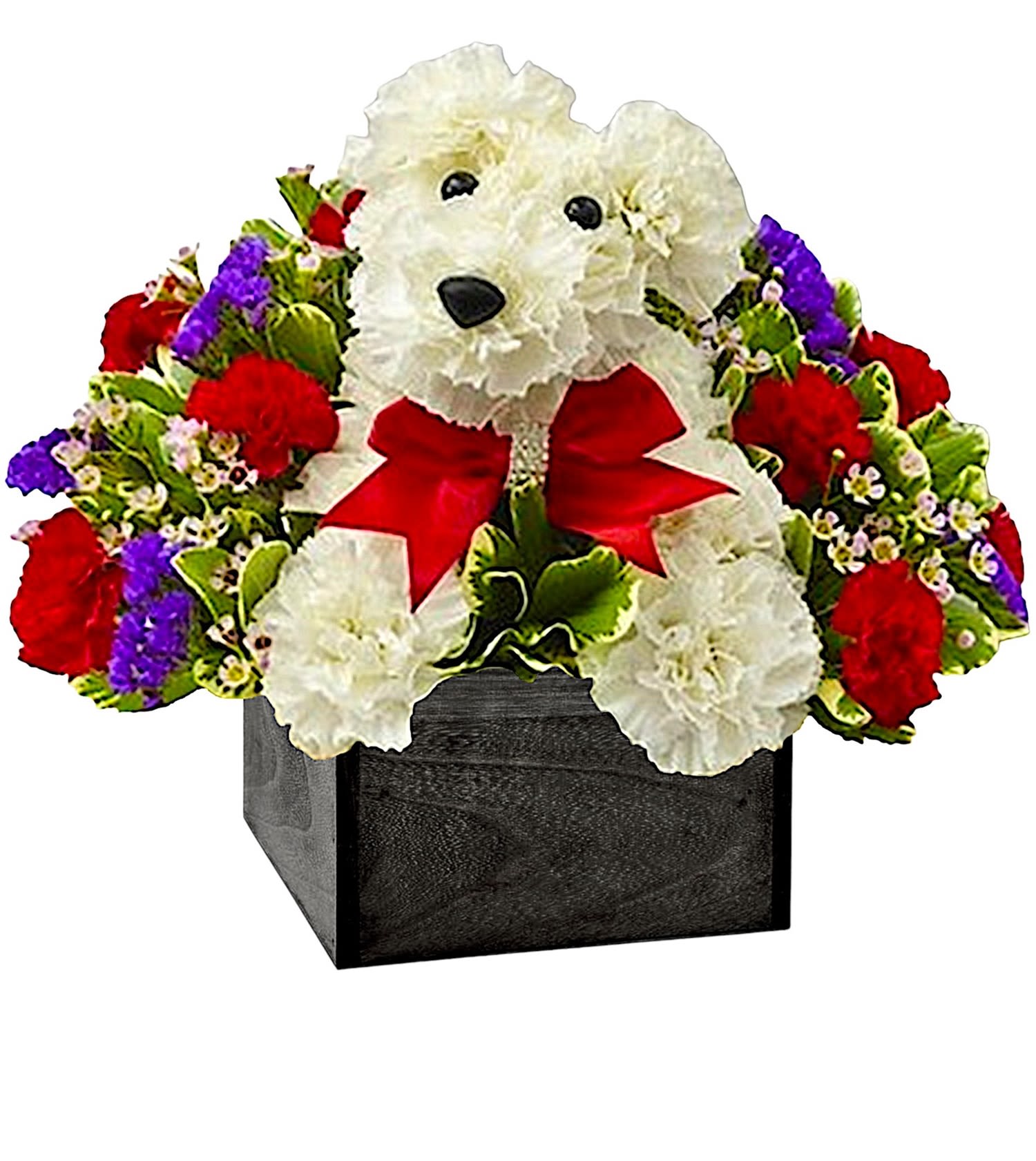 Handsome Love Pup - Give them a case of puppy love with our very own Love Pup. Crafted from bright white carnations, our canine cutie arrives in a wooden cube. Whether you’re looking to spark a romance or surprise friends, our adorable Handsome Love Pup is sure to get tails wagging!  DETAILS One-sided 3D arrangement with red mini carnations, white carnations, accented with assorted fillers &amp; greenery. Crafted into the shape of a dog.  WOODEN CUBE INCLUDED  Orientation: One-Sided Item #NF-459  FLORIST-TO-DOOR Same day flower delivery on most orders placed online by 12 pm or 10 am on weekends PST  BLOOM DETAILS Carnations Mini-Carnations Statice Filler Waxflower Filler Greenery  The Standard Arrangement is approx. 11.5&quot; H x 10&quot; W.  The Deluxe Arrangement is approx.11.5&quot; H x 10&quot; W.  The Premium Arrangement is approx. 11.5&quot; H x 10&quot; W.    How to place an order? 1. You can place an order directly on this secure website OR 2. You can call in your order by dialing: (323) 262 - 9238 OR 3. You can visit our store (appointment recommended 323.262.9238)  NINFA'S FLOWERS 2405 WHITTIER BLVD. LOS ANGELES, CA. 90023  ATTENTION: *Please note that on busy holidays, Valentine's Day, and Mother's Day, we cannot verify if the recipient received the flowers until the following day. You can verify delivery on the website after 10:00 pm, call 323.262.9238 the following day after 10:00 am, or contact the recipient directly. Thank you for your patience and understanding.