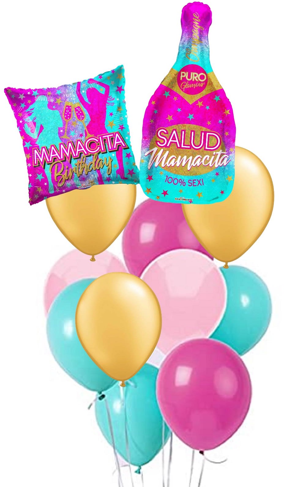 Salud Mamacita (Spanish) - Birthday Balloon Bouquet - 1 HELIUM FILLED SALUD MAMACITA 100% SEXI 28&quot; INCH MYLAR BALLOON 1 HELIUM-FILLED MAMACITA BIRTHDAY 18&quot; INCH MYLAR BALLOON 12 HELIUM FILLED 11&quot; INCH LATEX BALLOONS 1 WEIGHT (BALLOON BOUQUET IS TIED ONTO BALLOON WEIGHT)