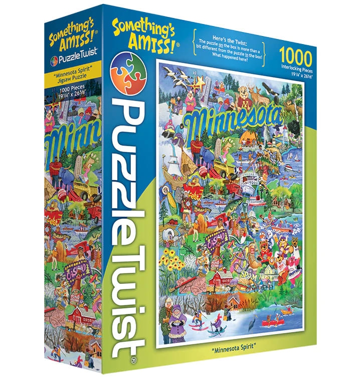 PuzzleTwist - Minnesota Spirit - **A BESTSELLER** Take a walk through a graphical display of iconic Minnesota from Paul Bunyan to Little House on the Prairie. Embrace a bit of Minnesota nice, as piece by piece you uncover the changes in this land of 10,000 lakes.  Here's the twist: The puzzle ON the box is more than a bit different from the puzzle IN the box! Minnesota will come to life with each of the differences you spot.