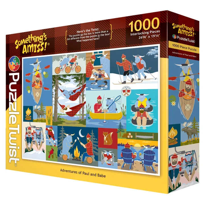 PuzzleTwist - Adventures of Paul &amp; Babe - Here's the Twist: The puzzle ON the box is more than a bit different from the puzzle IN the box!  What happened here?  About the Artist: With home studio in Minneapolis, Cindy Lindgren helps us imagine what these legendary companions might be up to when not cutting down trees.  She calls her style Craftsman Nouveau as it has roots in tradition with a clean modern look.  Her charming illustrations will peak your interest as Paul and Babe embark on some new adventures.  With the addition of a few twists, it's one puzzle that may have you telling a few tales of your own.
