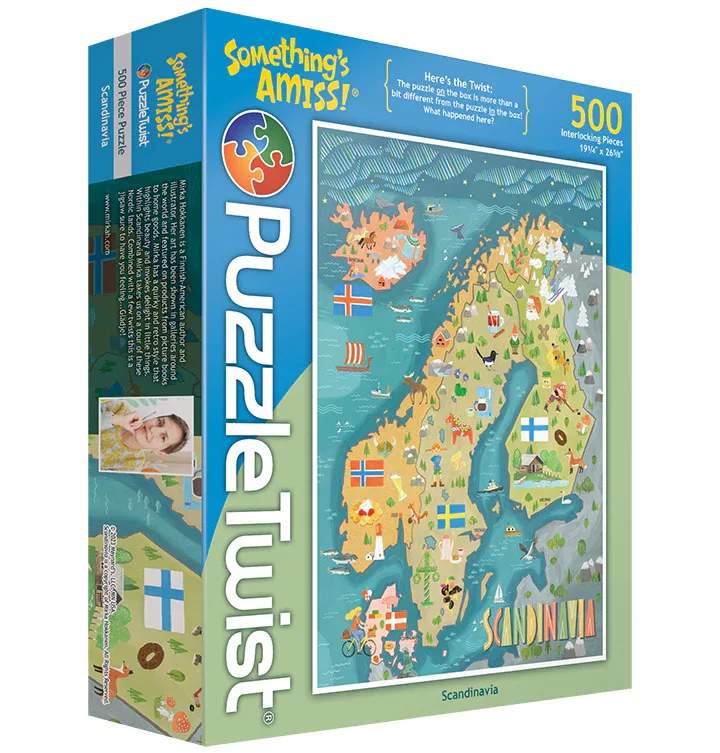 PuzzleTwist - Scandinavia - Here's the Twist:  The puzzle on the box is more than a bit different from the one in the box.  What happened here?  About the Artist: Mirka Hokkanen is a Finnish-American author and illustrator.  Her art has been shown in galleries around the world and featured on products from picture books to home goods.  Mirka has a quirky and retro style that highlights beauty and invokes delight in little things.  Within Scandinavia, Mirka takes us on a tour of these Nordic lands.  Combined with a few twists this is a jigsaw sure to have you feeling... Gllädje!