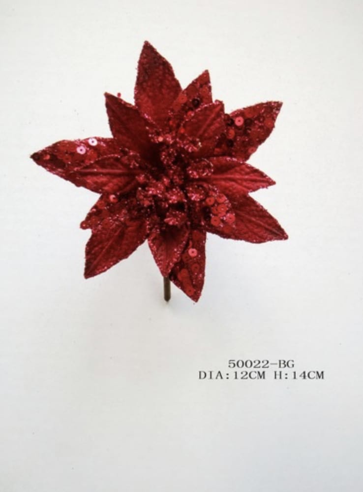DIA GLITTERED SEQUINED MINI POINSETTIA PICK DIA GLITTERED SEQUINED MINI POINSETTIA PICK - Color: BURGUNDY Dimension: 12cm x H14cm
