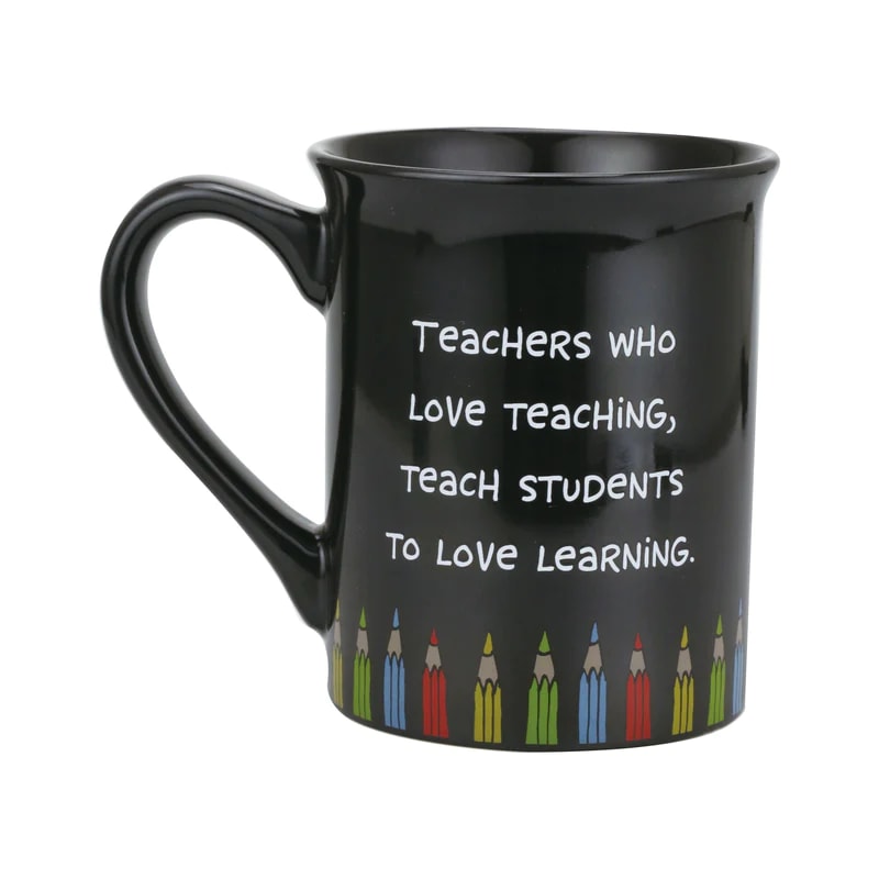 MUG- TEACH LOVE INSPIRE BLACK MUG - This special mug is reserved for the teachers that inspire. With a striking black background and colorful pencil detail, this mug celebrates the educators who spark creativity and passion. Teachers that love teaching teach students to love learning.
