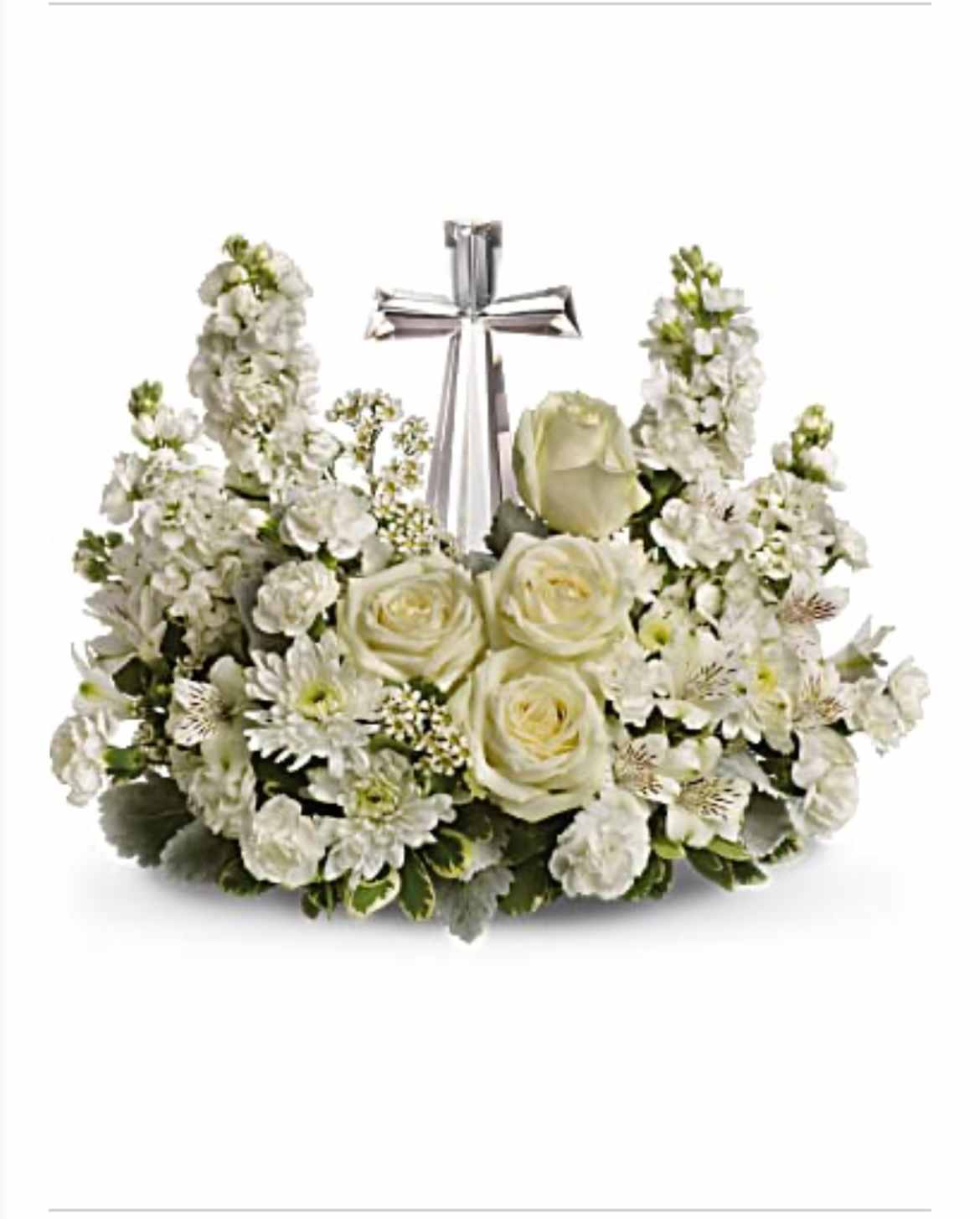 Heavenly Cross - A crystal cross set in the center of all white flowers , perfect to send your sympathy 