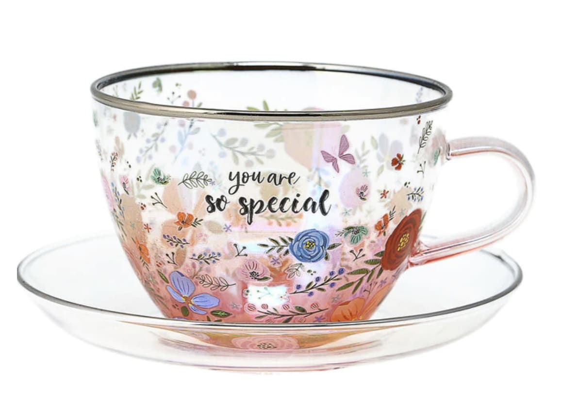 HER -You Are So Special Floral Glass Teacup and Saucer Set HER -You Are So Special Floral Glass Teacup and Saucer Set - Perfect for gifting to a special person who loves to sip tea. "You Are So Special" text and floral design are printed on the tea cup.