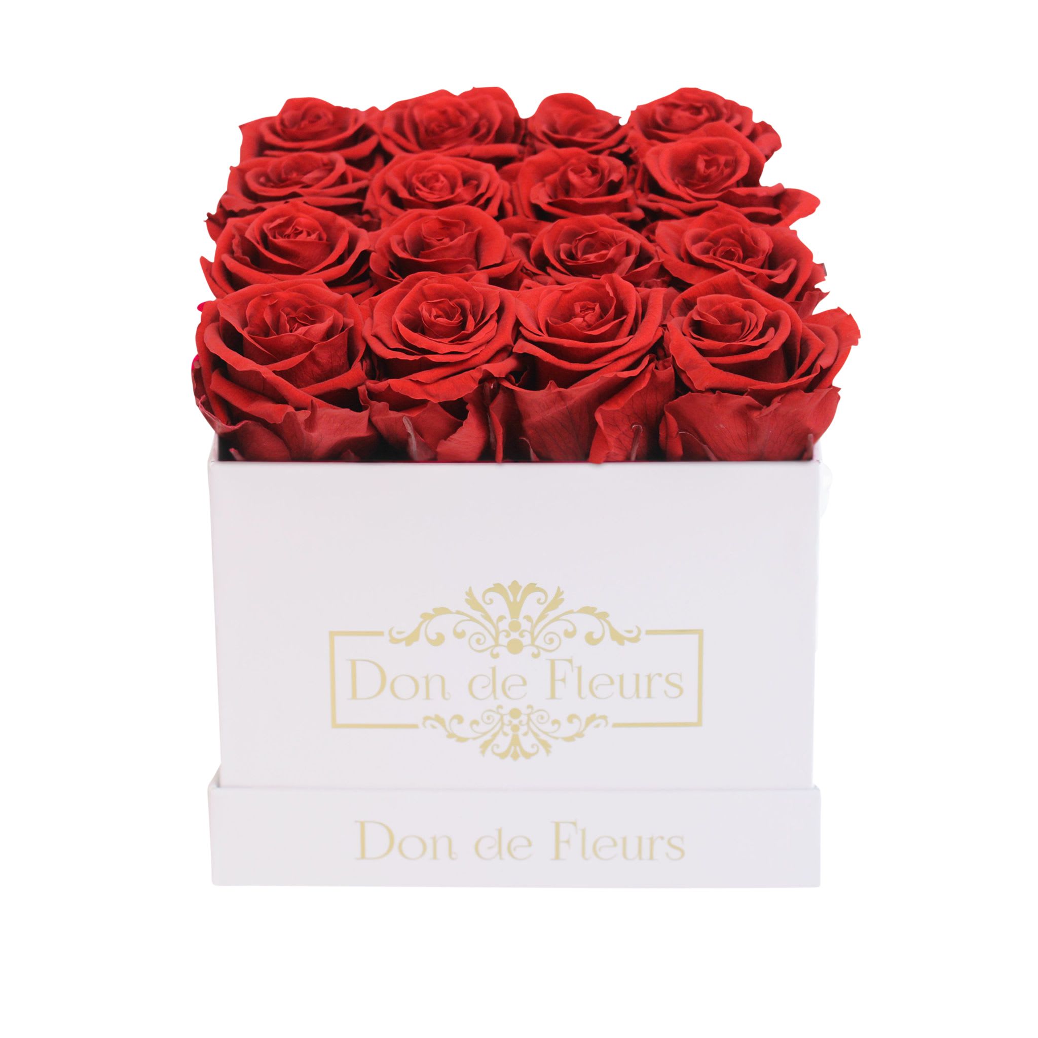 Small Square Preserved Rose Box-White Classic Box-Red - Rose Color: Red Rose Count: 16 Preserved Roses Lifespan: 1 Year+ Box Dimensions: 7&quot; x 7 x 5  For a gesture that will never be forgotten and a gift that’s sure to last, send your loved one a box of roses that last a year from our preserved roses collection. Exuding love and luxury, these exceptional small box arrangements include 16 forever roses that are assembled with our finest preserved roses and perfectly arranged by our talented team of florists. Additionally, the small round box of long lasting roses offers the opportunity to be creative with customization options that allow you to create an arrangement that perfectly speaks to the recipient’s specific tastes and preferences. This is a gift that’s sure to brighten up a room and put a smile on your loved one’s face.