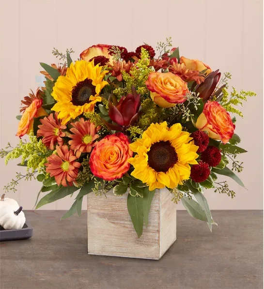 Harvest Glow Bouquet - Inspired by the vibrant beauty of an autumn country harvest, our farmhouse-style bouquet is a true seasonal delight. This loose, natural arrangement features blooms in rich shades of red, orange, and yellow, perfectly paired with our rustic grey-washed wooden cube. With its soft hues and organic textures, this charming container adds a warm, cozy touch to any fall décor, making it perfect for flowers and plants alike.