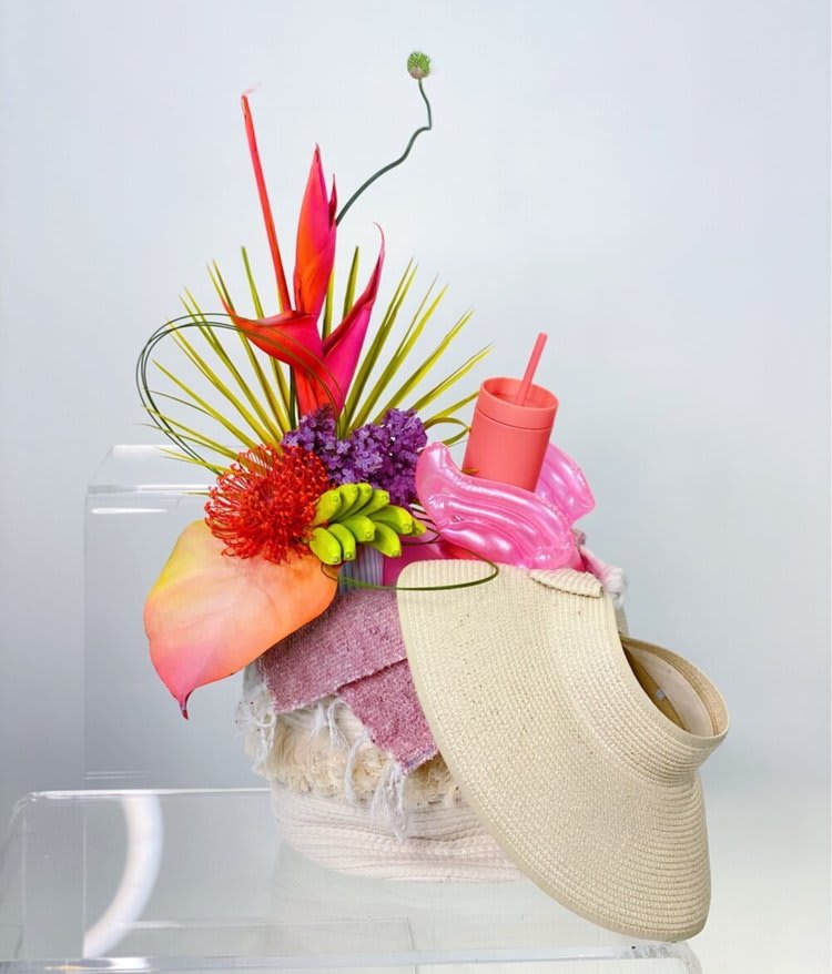 TROPIC GLOW / VACAY TOTE - - FLORAL ARRANGEMENTS NEON TROPICAL FLORAL ARRANGEMENT - OFF-WHITE WOVEN TOTE - BEACH BLANKET - SKINNY STRAW CUT - FLOATING CUP HOLDER - CREAM SUN HAT