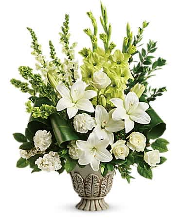Clouds of Heaven Bouquet - Peaceful and majestic in a large antiqued pot, this wondrous white arrangement is a touching tribute to a bright life, and your unending support.
