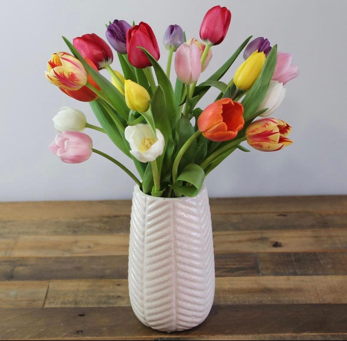 Arcoiris de Primavera Arcoiris de Primavera - Celebra la llegada de la primavera con este vibrante arreglo de tulipanes de diferentes colores, que se eleban desde su base como un arcoiris en flor.