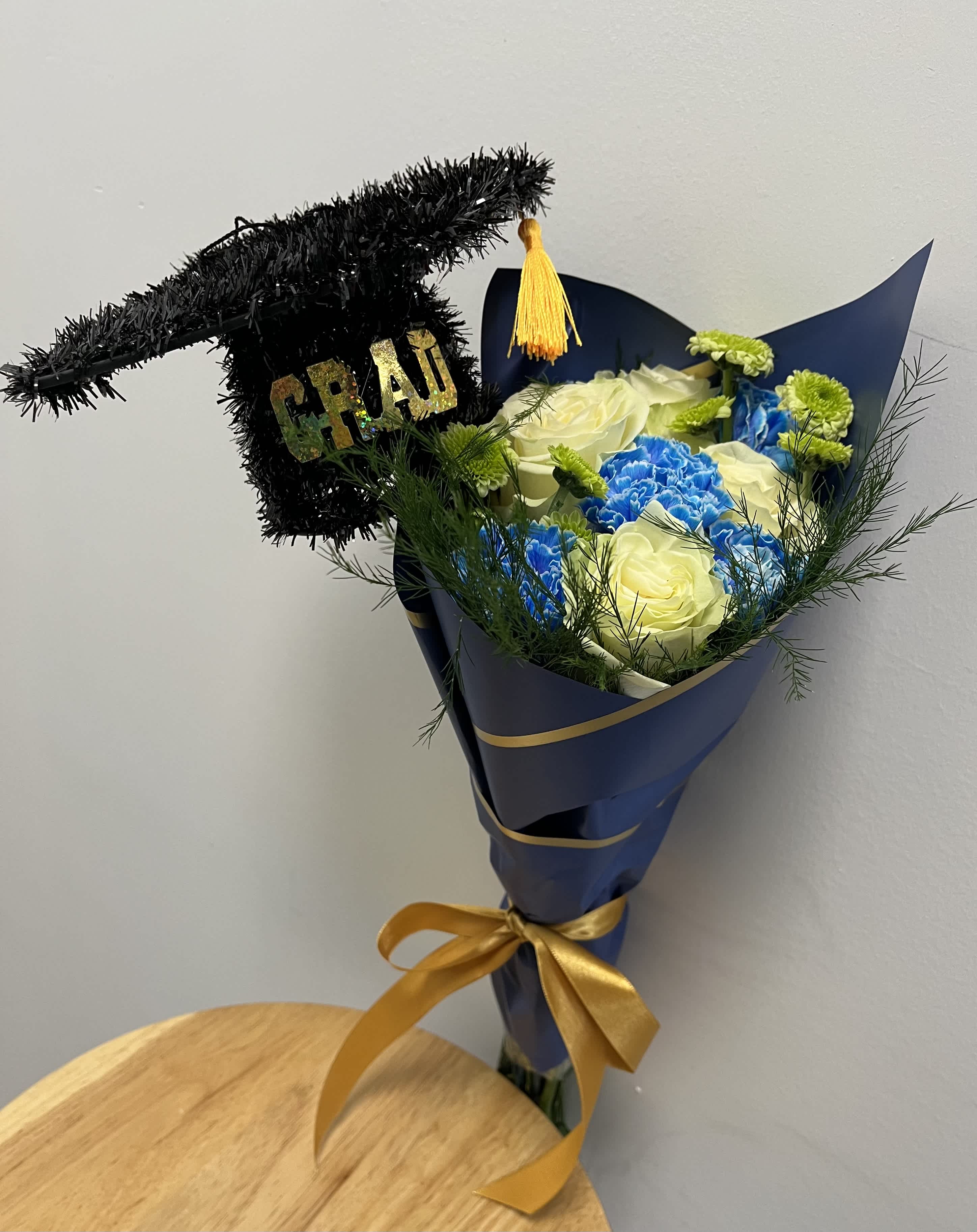 White roses and blue carnations bouquet with cap White roses and blue carnations bouquet with cap - four white roses and four blue carnations, asparagus, garden mum with cap
