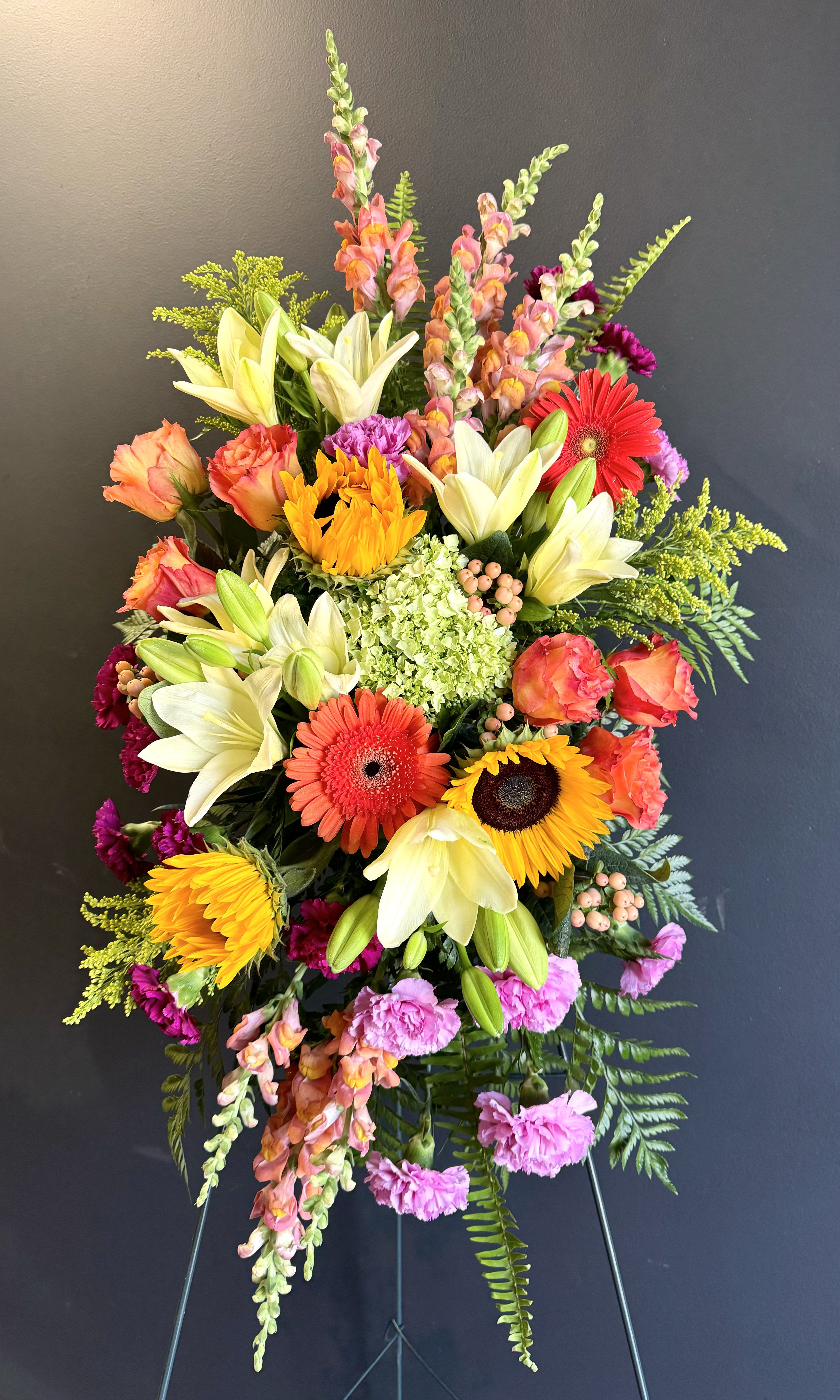 Colorful Blooms Standing Spray - A designers choice of assorted colorful blooms. If you would like specific colors, please leave them in the comments and we will do our best to accommodate them. 
