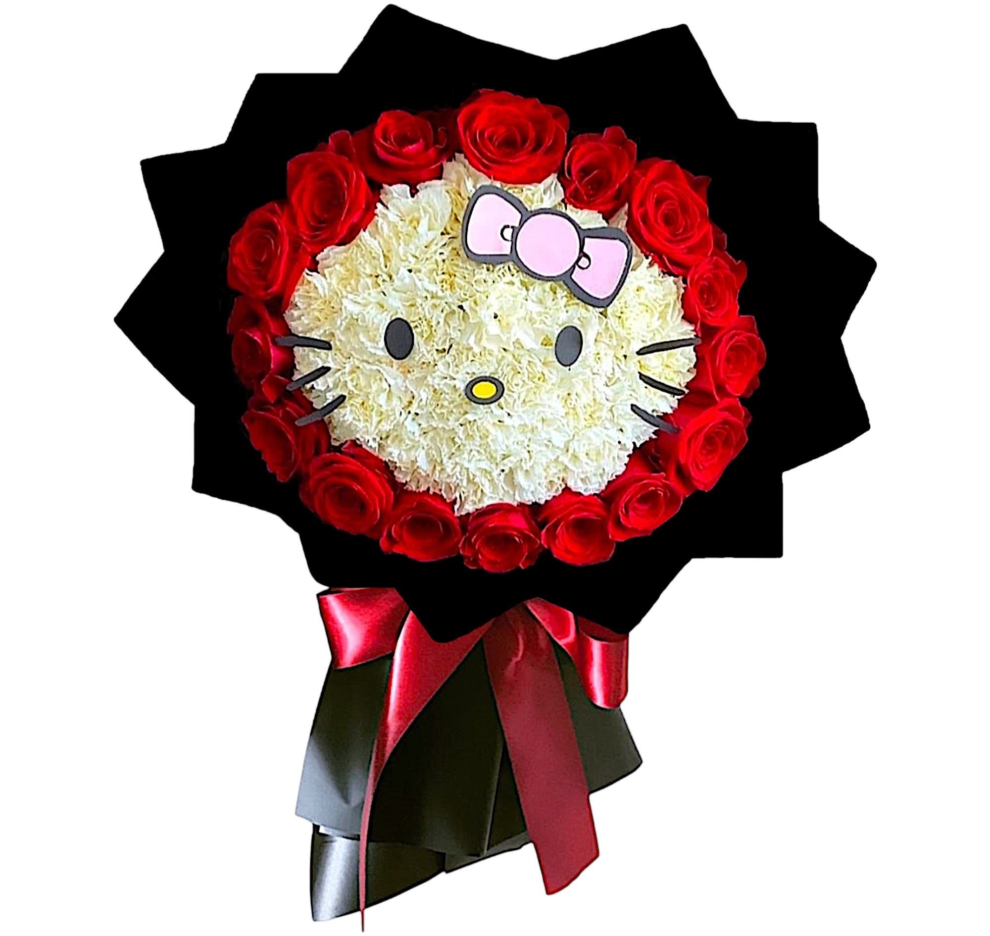 Hello Kitty Bouquet - Surprise her with this cute bouquet of every girl's favorite kitty. She'll be dazzled by this unique gift - and impressed by your impeccable taste.  DETAILS A bouquet of red beautiful roses with white carnations, wrapped in paper.   VASE NOT INCLUDED Orientation: All-Around Item #NF-912  FLORIST-TO-DOOR Same day flower delivery on most orders placed online by 12 pm or 10 am on weekends PST.  BLOOM DETAILS Roses Carnations  The Standard Bouquet - 16 Red Roses, 36 White Carnations (SHOWN) The Deluxe Bouquet - 36 Red Roses, 36 White Carnations The Premium Bouquet - 56 Red Roses, 36 White Carnations  How to place an order? 1. You can place an order directly on this secure website OR 2. You can call in your order by dialing: (323) 262 - 9238 OR 3. You can visit our store (appointment recommended 323.262.9238)  NINFA'S FLOWERS 2405 WHITTIER BLVD. LOS ANGELES, CA. 90023  ATTENTION: *Please note that on busy holidays, Valentine's Day, and Mother's Day, we cannot verify if the recipient received the flowers until the following day. You can verify delivery on the website after 10:00 pm, call 323.262.9238 the following day after 10:00 am, or contact the recipient directly. Thank you for your patience and understanding.