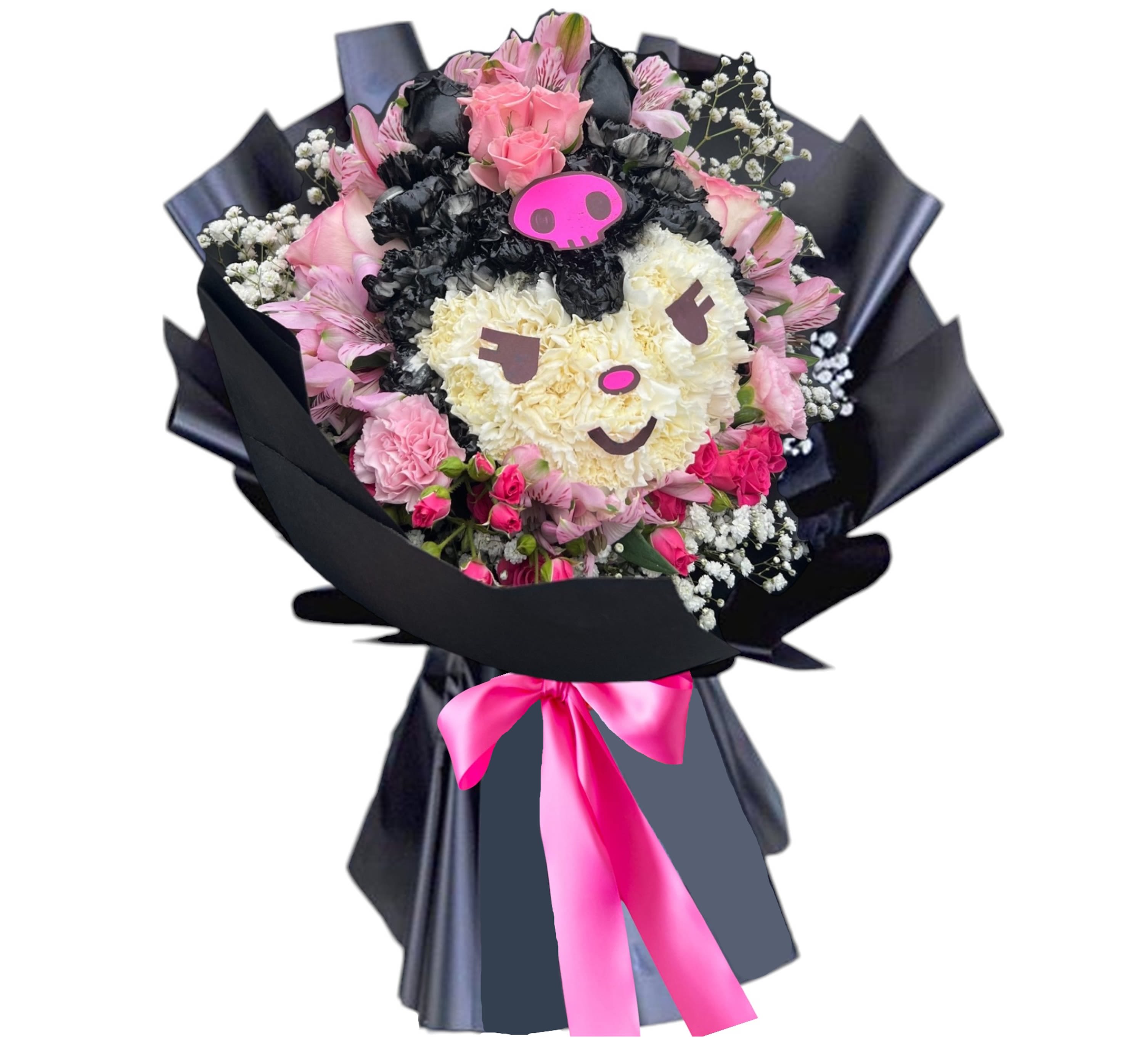 Kuromi Bouquet - Surprise them with this lovely Kuromi flower bouquet.  DETAILS Pink roses, spray roses, mini carnations, carnations, alstroemerias, hot pink spray roses, black carnations, roses, baby's breath, wrapped in black kraft paper.  VASE NOT INCLUDED Orientation: One-Sided Item #NF-54  FLORIST-TO-DOOR Same day flower delivery on most orders placed online by 12 pm or 10 am on weekends PST.  BLOOM DETAILS Roses Mini Carnations Greenery  The Standard Bouquet (SHOWN) The Deluxe Bouquet  The Premium Bouquet   How to place an order?  1. You can place an order directly on this secure website. 2. You can call in your order by dialing: (323) 262 - 9238 3. You can visit our store (appointment recommended 323.262.9238)  NINFA'S FLOWERS 2405 WHITTIER BLVD. LOS ANGELES, CA. 90023  ATTENTION: *Please note that on busy holidays, Valentine's Day, and Mother's Day, we cannot verify if the recipient received the flowers until the following day. You can verify delivery on the website after 10:00 pm, call 323.262.9238 the following day after 10:00 am, or contact the recipient directly. Thank you for your patience and understanding.