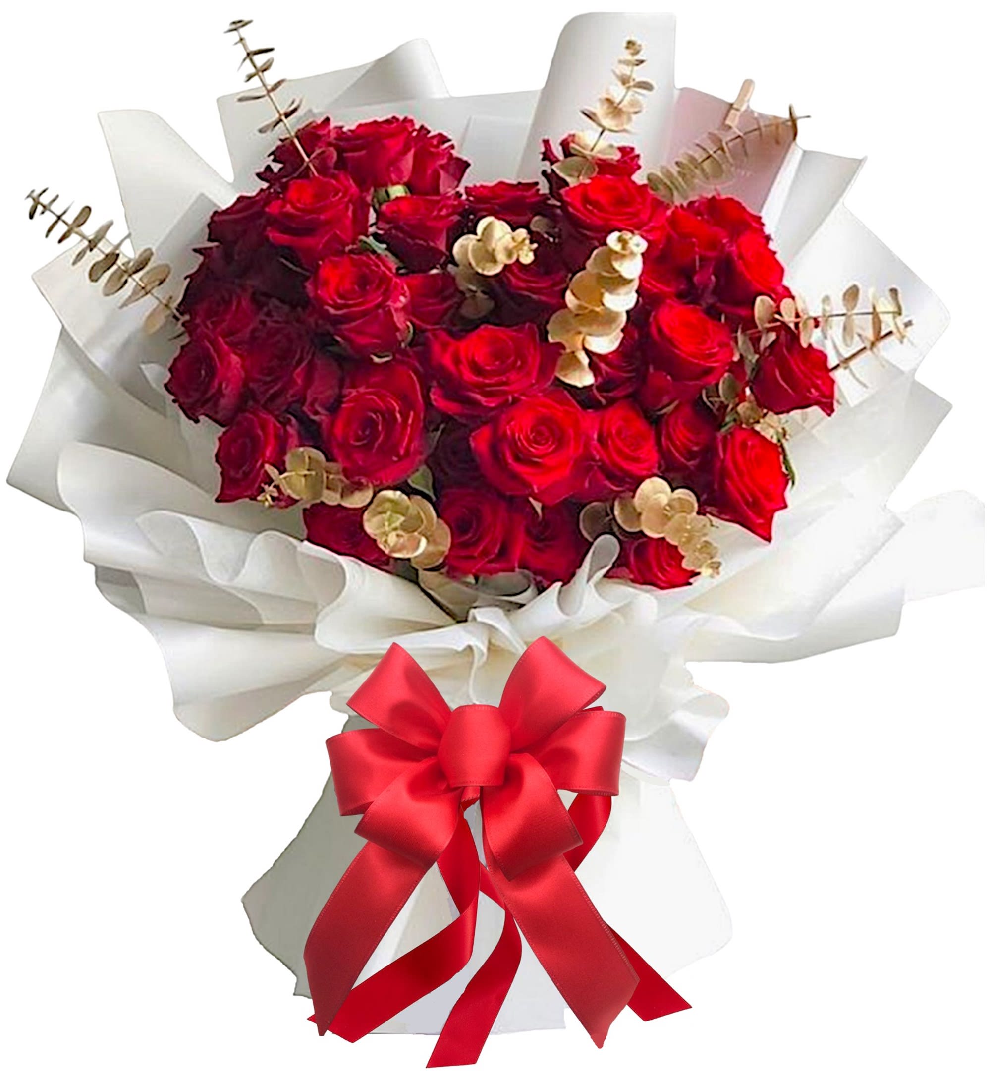 Luxury Korean Style Red Rose Bouquet - Surprise them with a beautiful bunch of perfectly red roses, accented with gold leaves. They'll be dazzled by this luxurious gift - and impressed by your impeccable taste.  DETAILS A bouquet of red beautiful roses with gold painted eucalyptus, wrapped in paper.   VASE NOT INCLUDED Orientation: All-Around Item #NF-909   FLORIST-TO-DOOR Same day flower delivery on most orders placed online by 12 pm or 10 am on weekends PST.  BLOOM DETAILS Roses Greenery  The Standard Bouquet - 36 Red Roses (SHOWN) The Deluxe Bouquet - 48 Red Roses The Premium Bouquet - 60 Red Roses  How to place an order? 1. You can place an order directly on this secure website OR 2. You can call in your order by dialing: (323) 262 - 9238 OR 3. You can visit our store (appointment recommended 323.262.9238)  NINFA'S FLOWERS 2405 WHITTIER BLVD. LOS ANGELES, CA. 90023  ATTENTION: *Please note that on busy holidays, Valentine's Day, and Mother's Day, we cannot verify if the recipient received the flowers until the following day. You can verify delivery on the website after 10:00 pm, call 323.262.9238 the following day after 10:00 am, or contact the recipient directly. Thank you for your patience and understanding.