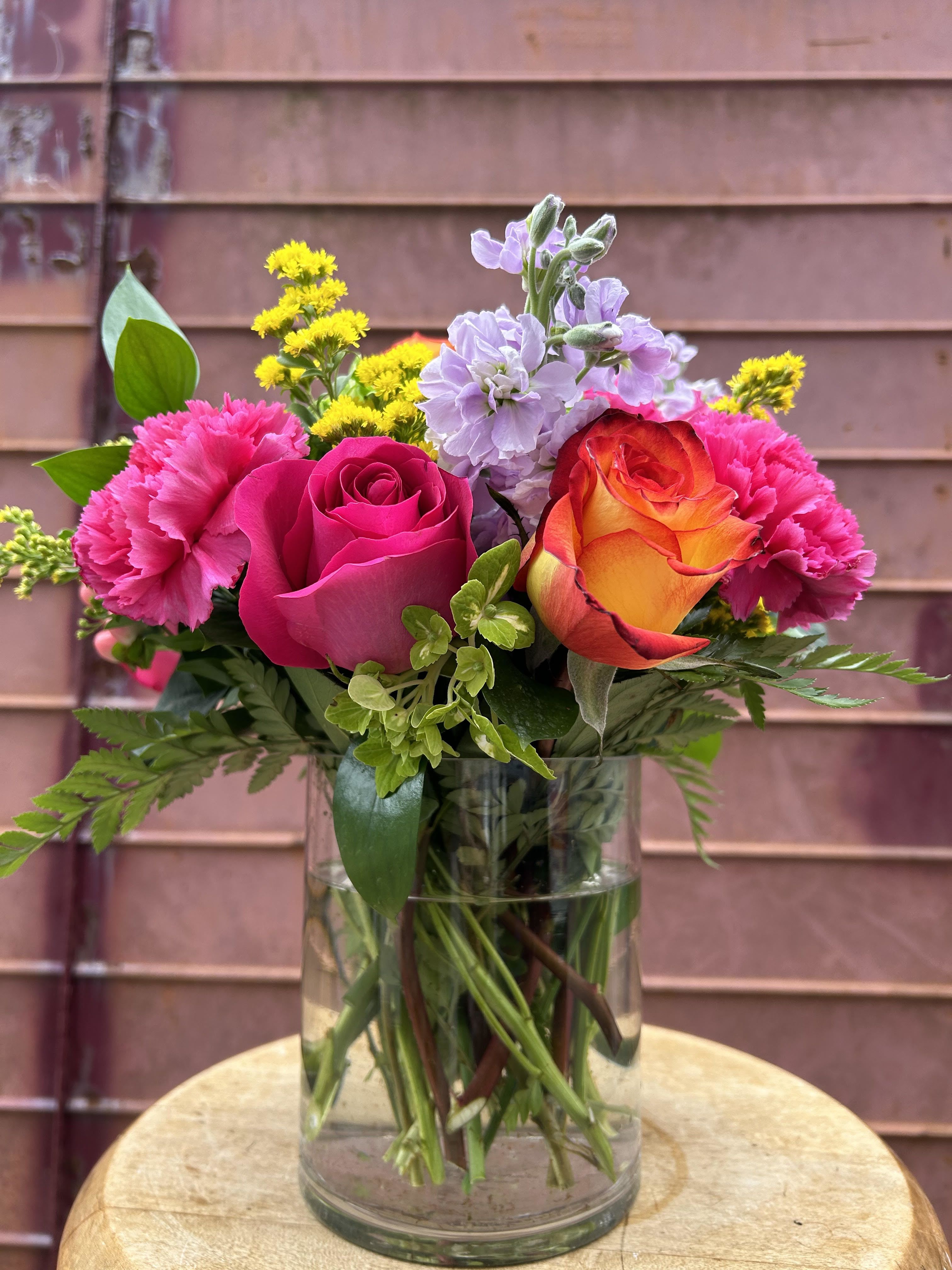 Carnival -  Pink Roses, Peach roses, carnations, saladego, green Hydrangeas