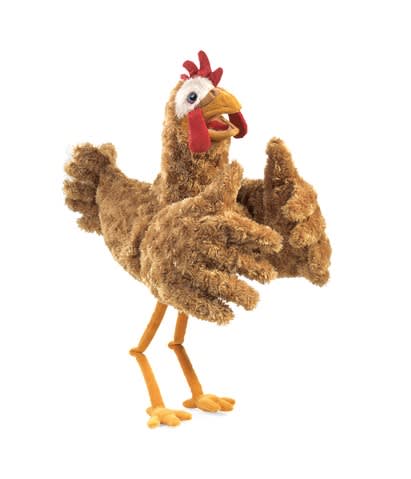 Chicken Puppet Chicken Puppet - Feathers are flying as Folkmanis introduces the funky CHICKEN puppet. Guaranteed to be first in the pecking order, this chicken puppet is crazy-fun! Movable beak and two-handed wing design allow for endless combinations of clucking, strutting, scratching and flapping! Length: 12" Long Width: 6" Wide Height: 18" Tall Weight: 12.96 oz.