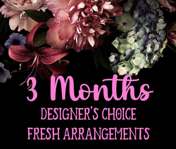 3 Months Designer's Choice Fresh Arrangements - Are you trying to find a special gift for a special person? Send them seasonal fresh flowers, once a month for 3 months! Our designer will create a beautiful arrangement starting on the date you specify, and keep the gift going, once a month for 2 more deliveries. We will call you to set up the timing for the next two monthly deliveries. Standard bouquets valued at $50. Deluxe valued at $75. Premium valued at $100. Give us a call if you have any questions.  We are proud to deliver our flower creations to the Kenosha, Somers, and Pleasant Prairie area. With over 55 years of combined flower design experience in Kenosha, Wisconsin, A Summer's Garden Florist and Gifts is the perfect choice for the freshest flowers, most creative design, and exceptional customer service.