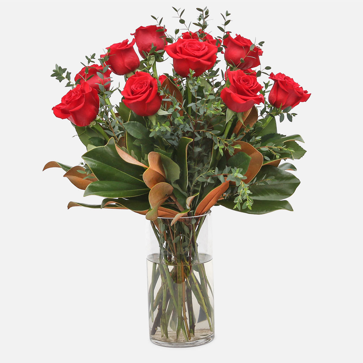 BloomNation Special- Elegant Dozen Roses  - [ Height: 24&quot; - 25'' Diameter: 18&quot; - 20&quot; ] Show your deepest admiration with one dozen premium Ecuadorian red roses, exquisitely complimented with pink Limonium in a clear cylinder vase. Upgrade this stunning beauty for that truly special someone.  Sunday and evening flower delivery in NYC year-round.