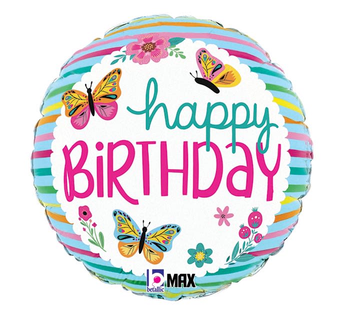 18" Happy Birthday Mylar with Butterflies 18" Happy Birthday Mylar with Butterflies - Select this fun and colorful birthday mylar balloon with butterflies and florals.