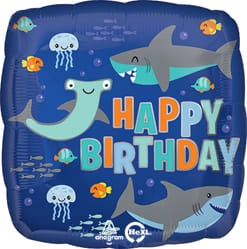 18" Happy Birthday Shark Mylar 18" Happy Birthday Shark Mylar - Sharks! Here to celebrate the birthday celebrant! A standard sized mylar covered in friendly sharks & jellyfish.