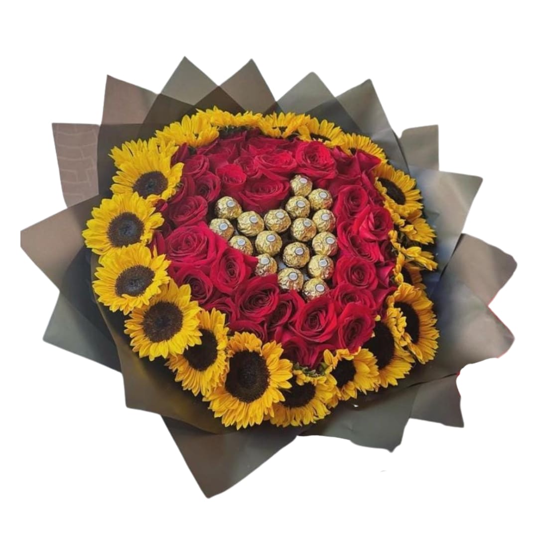 Sun Gold Bouquet Sun Gold Bouquet - 20 Sunflower 25 Roses 16 Chocolate