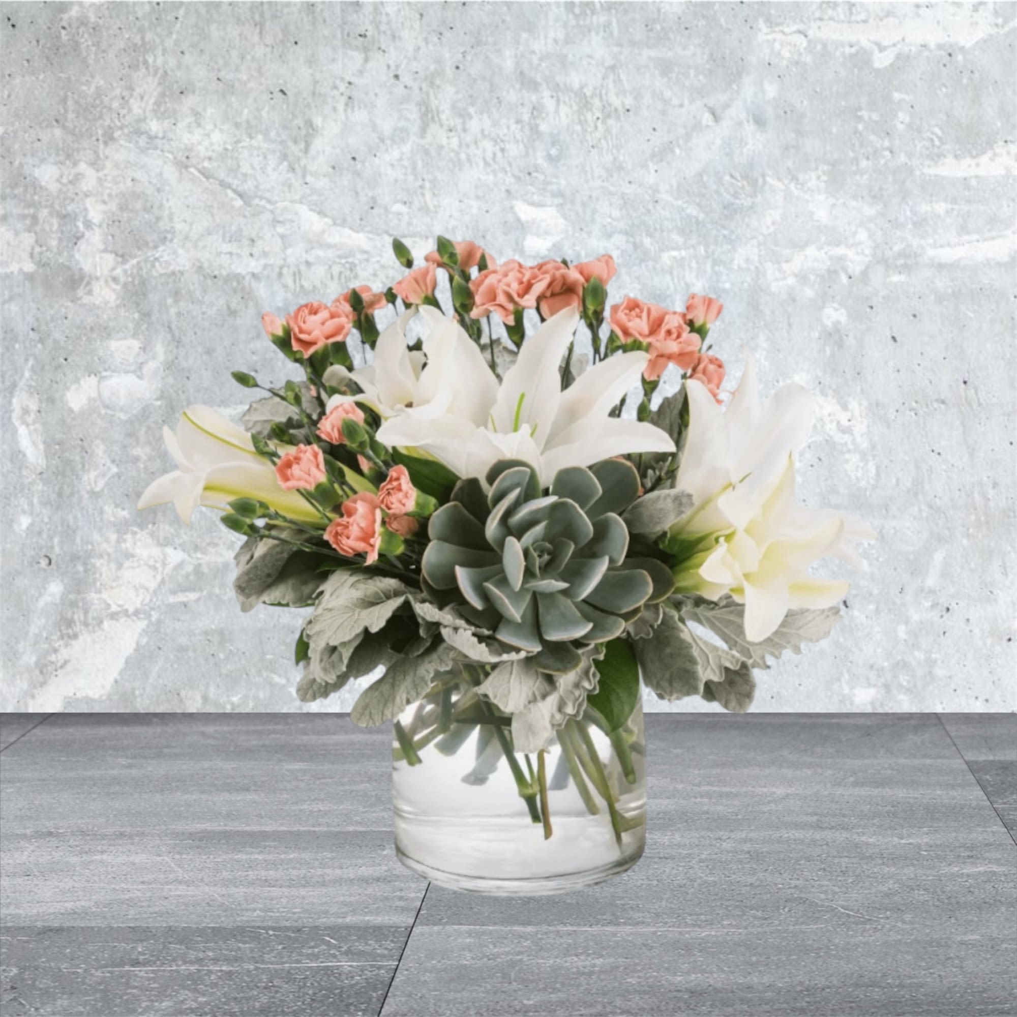 Poise  - A lovely succulent arrangement featuring blush and white flowers, Poise by BloomNation™ makes a great gift for almost any occasion like Best Friends Day or Sister's Day.  Approximate Dimensions: 12&quot;D x 12&quot;H
