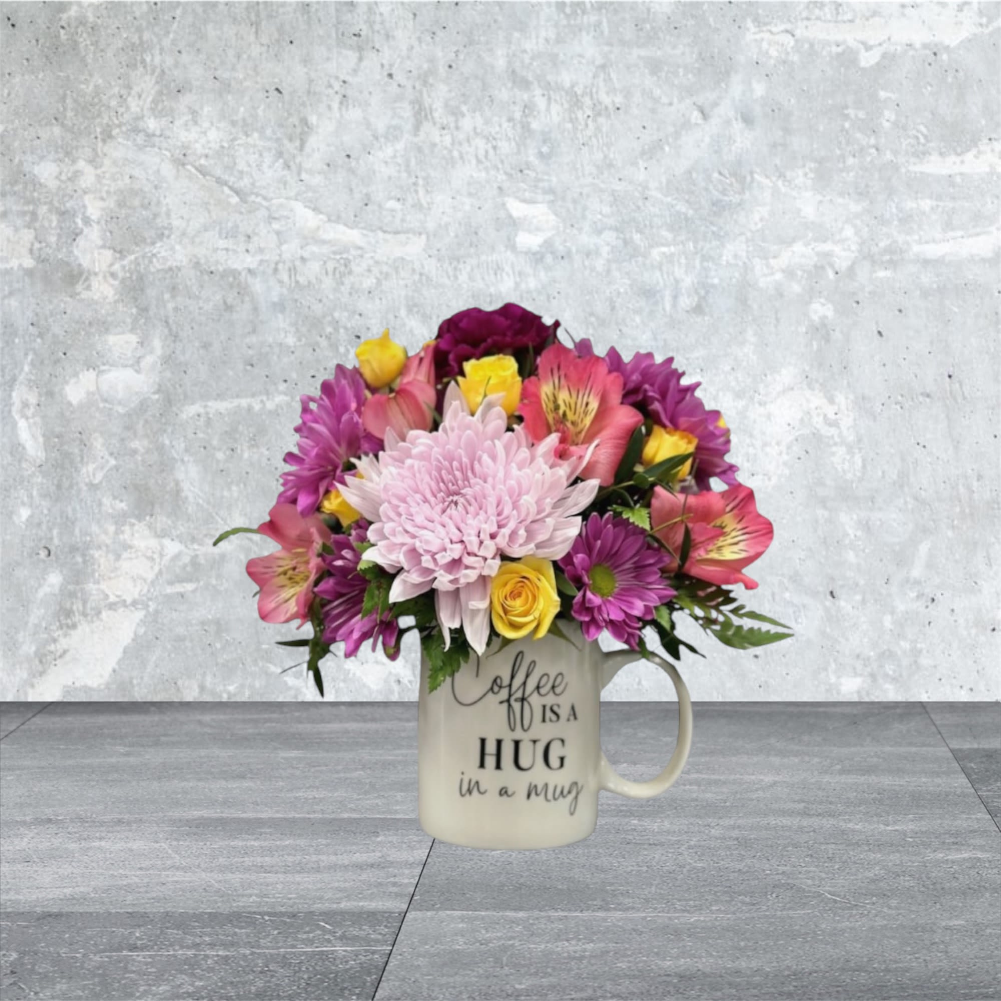 Mug be nice - Designers choice mug arrangement with customizable color way. Upgrades for this arrangement will be more flowers and a bigger mug. 