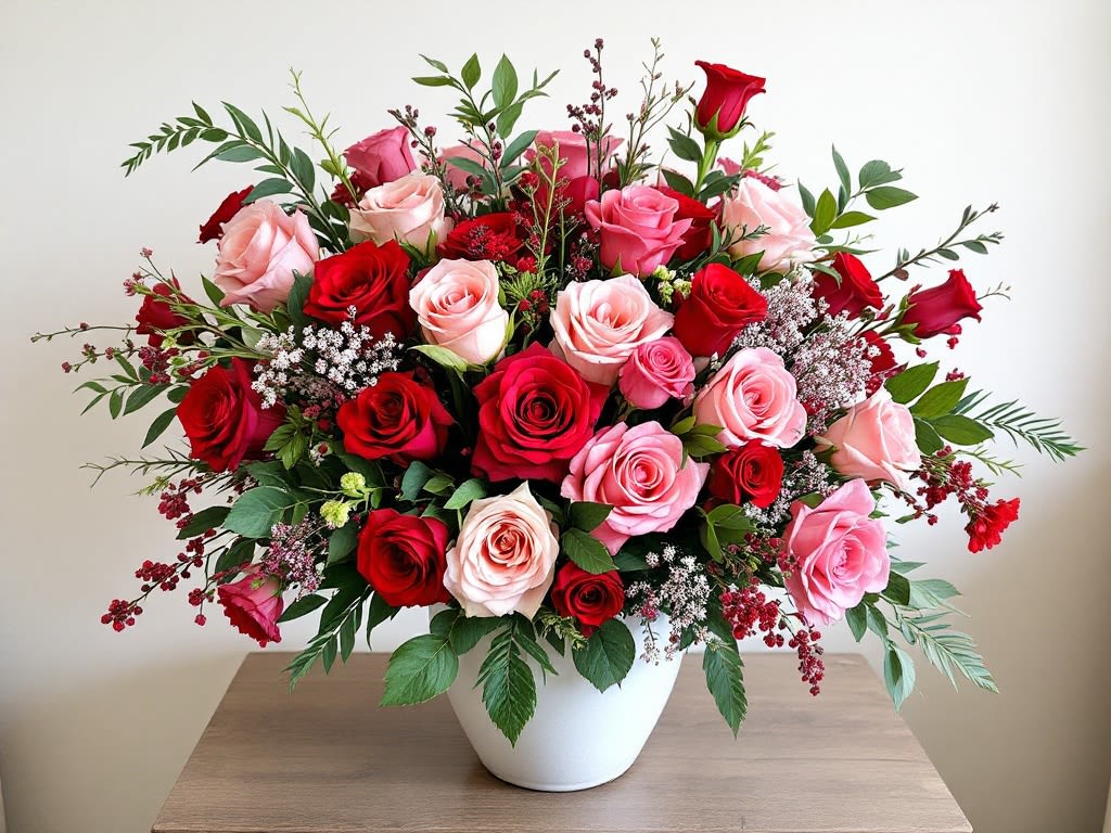 Love's Adornment Love's Adornment - Elevate your Valentine's Day with our "Loves Adornment" vase arrangement, featuring exquisite pink, hot pink, and red roses, complemented by lush assorted fillers. This enchanting bouquet captures the passion and romance of the day, making it the perfect gift to express your deepest emotions. Crafted with the finest quality blooms, it's designed to impress and delight, ensuring your loved one feels truly cherished. Send a message of love that speaks volumes.