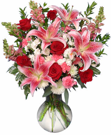 PERFECT LOVE BOUQUET - .On this most romantic day of the year you can choose a simple bouquet with a loving message or you can be wildly extravagant and choose a large bouquet with , chocolates or cuddly Stuffed Animal to accompany your romantic message. Whatever you choose, our Valentine's Day flowers are the perfect way to make this a truly unforgettable occasion of pure romance.This stylish bouquet is bursting with Stargazer' lilies,red roses,snapdragons, PERFECT LOVE BOUQUET to express your love and affection.
