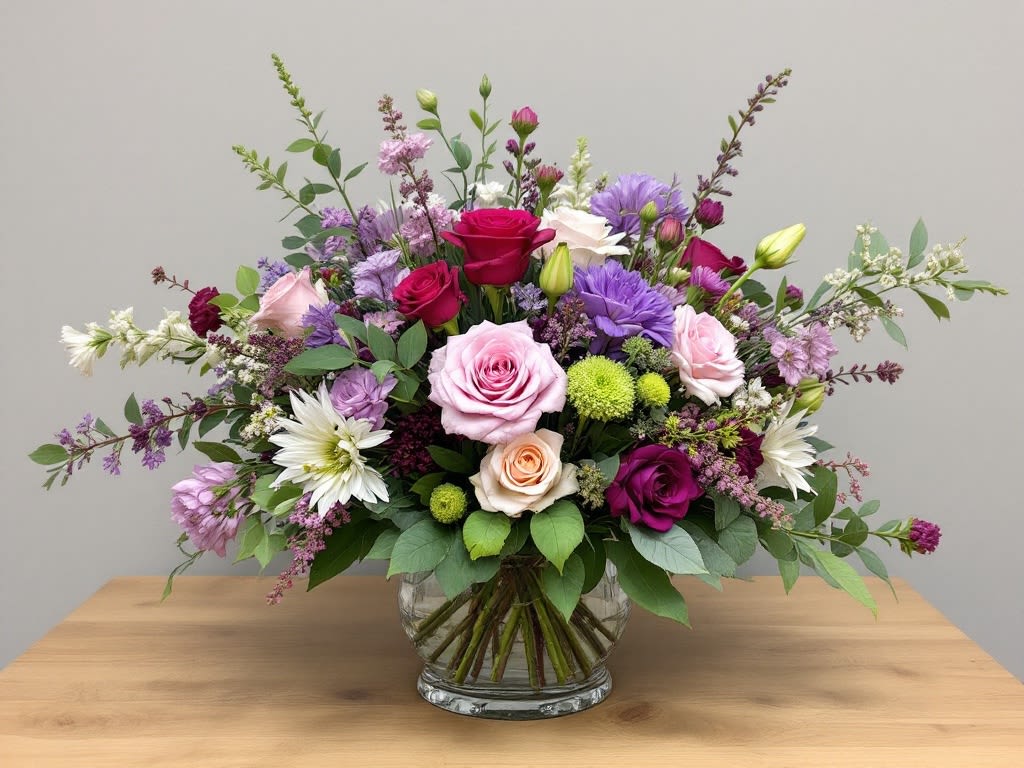 Purple Passions Purple Passions - Indulge in the allure of Purple Passions, a captivating floral arrangement that embodies romance and elegance. This exquisite bouquet features lush pink and purple roses, delicate tea roses, enchanting lisianthus, and aromatic lavender, creating a symphony of love and desire. Each bloom is handpicked for its exceptional quality, ensuring a mesmerizing display that speaks the language of passion. Let Purple Passions transform any space into a haven of sensual beauty and sophisticated charm.