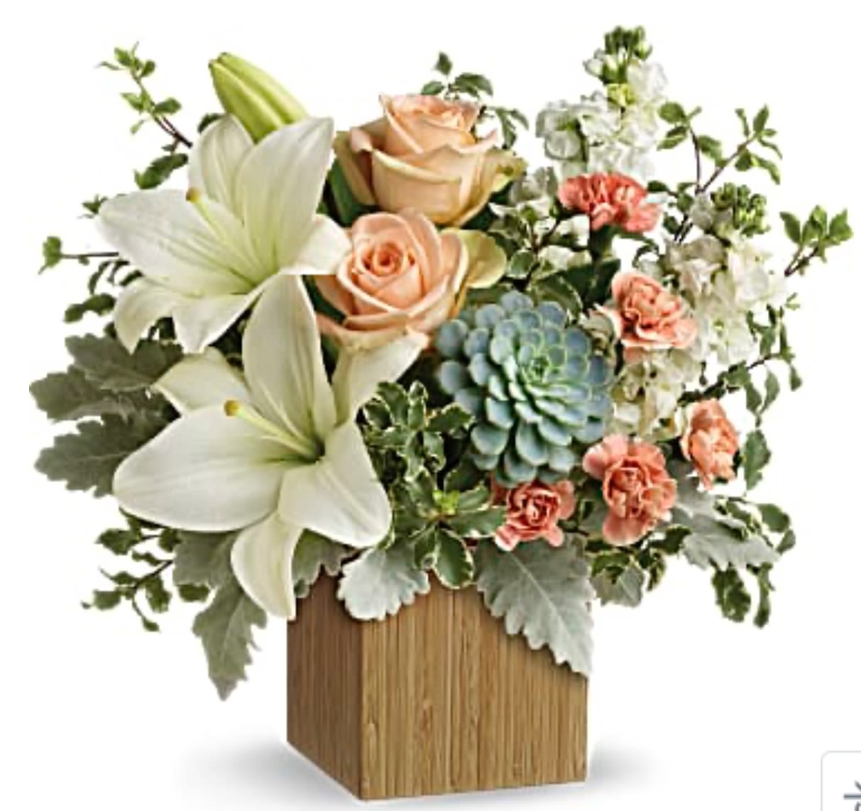 Desert Sunrise Bouquet - Reminiscent of a desert sunrise, this modern mix of peach blooms, white lilies and succulents is a super chic statement in a natural bamboo cube. Peach roses, white asiatic lilies, peach miniature carnations, and white stock are accented with pitta negra, dusty miller, and a green echeveria succulent. Delivered in Teleflora's Small Natural Bamboo Cube. Orientation: One-Sided