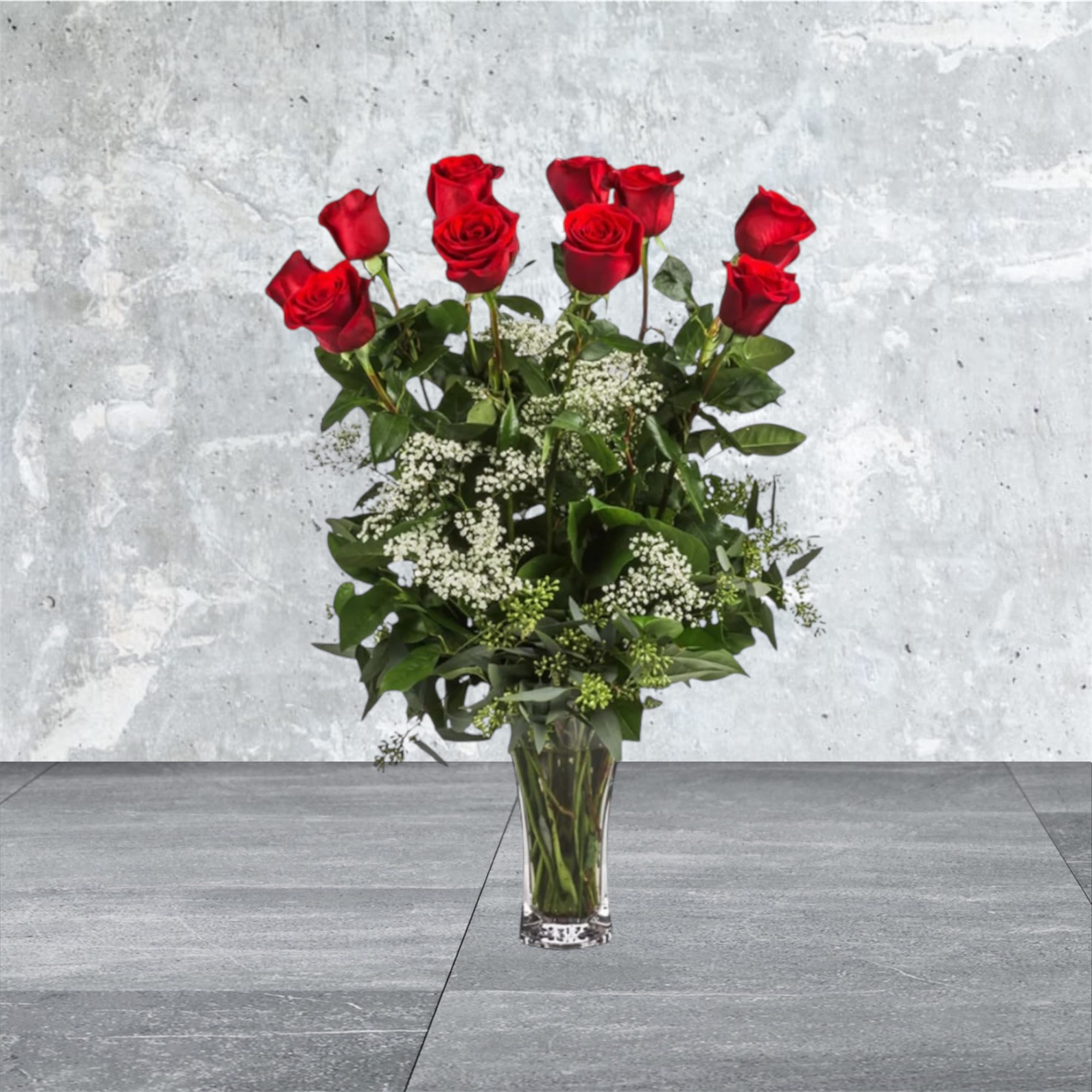 Dozen Long Stemmed Roses with Baby's Breath - These dozen red roses with baby's breath are classic! Perfect romantic gift for Valentine's Day or an Anniversary.   