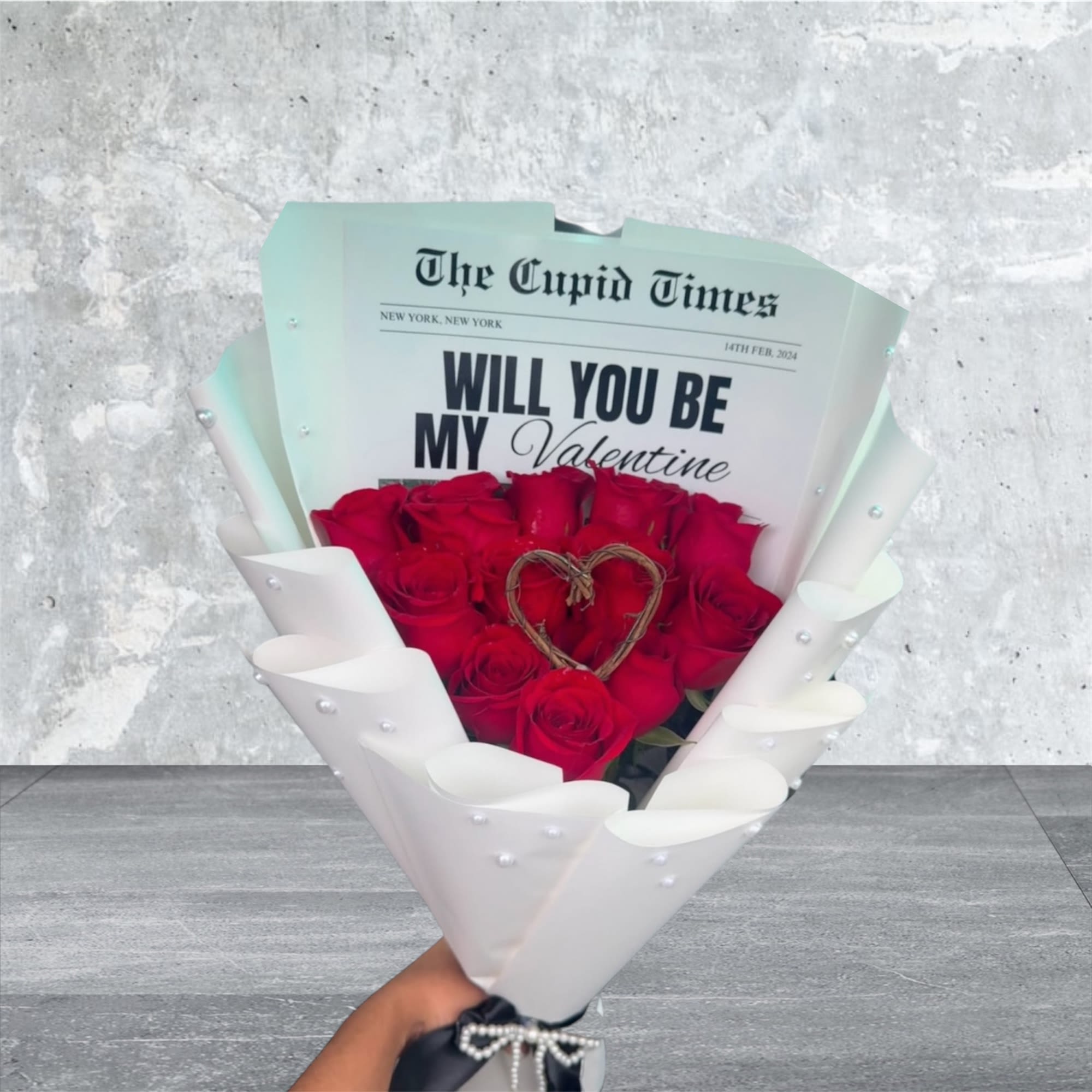 Be My Valentine Bouquet - A Dozen Roses   Included: Wrap, and Cupids Post sign  **colors can be customized
