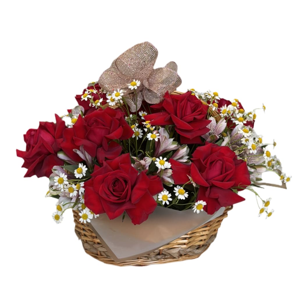 Love's Bounty Love's Bounty - This exquisite arrangement features deep, velvety red roses artfully arranged in a charming wicker basket, evoking a timeless elegance and a sense of passion. Each rose, with its rich hue and delicate petals, is a symbol of enduring love, while the rustic basket adds an earthy sophistication that elevates the overall composition. Perfect for expressing heartfelt affection, this stunning bouquet is a classic testament to love’s beauty and grace.