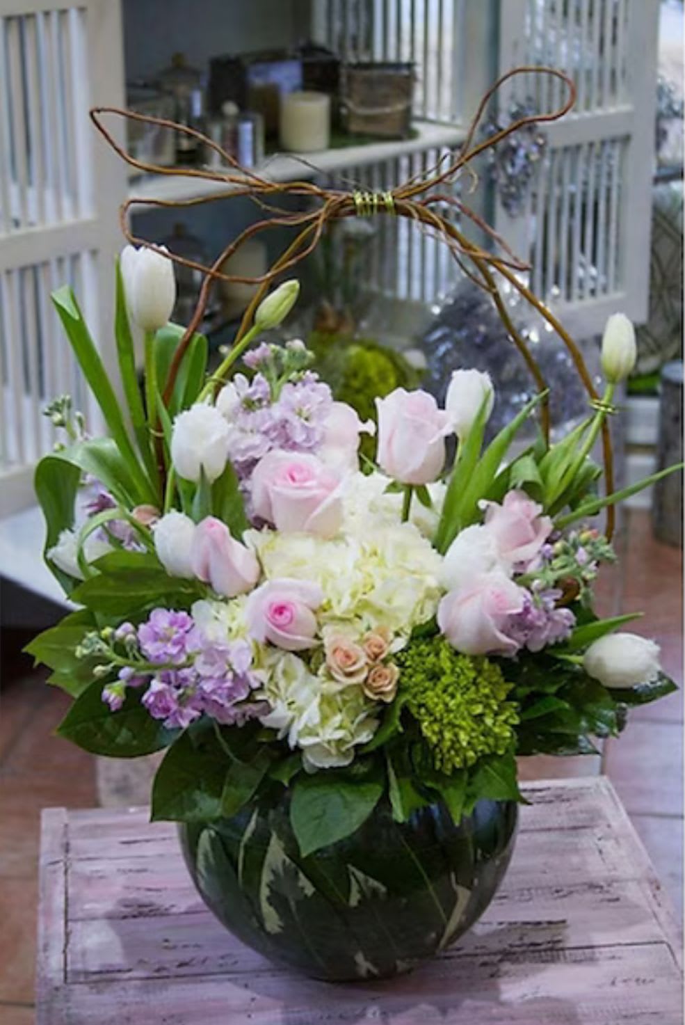 country Tulips  - A stunning arrangement with Hydrangeas, tulips, roses, lilies and more 