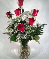 HALF DOZEN ROSES & BABIES BREATH NEW-R104 HALF DOZEN ROSES & BABIES BREATH NEW-R104 - Our HALF DOZEN ROSES WITH BABIES BREATH comes with 6 long stemmed roses stylishly arranged in a quality glass vase with lush greens and accented with white babies breath. This arrangement makes a statement of love for any occasion.