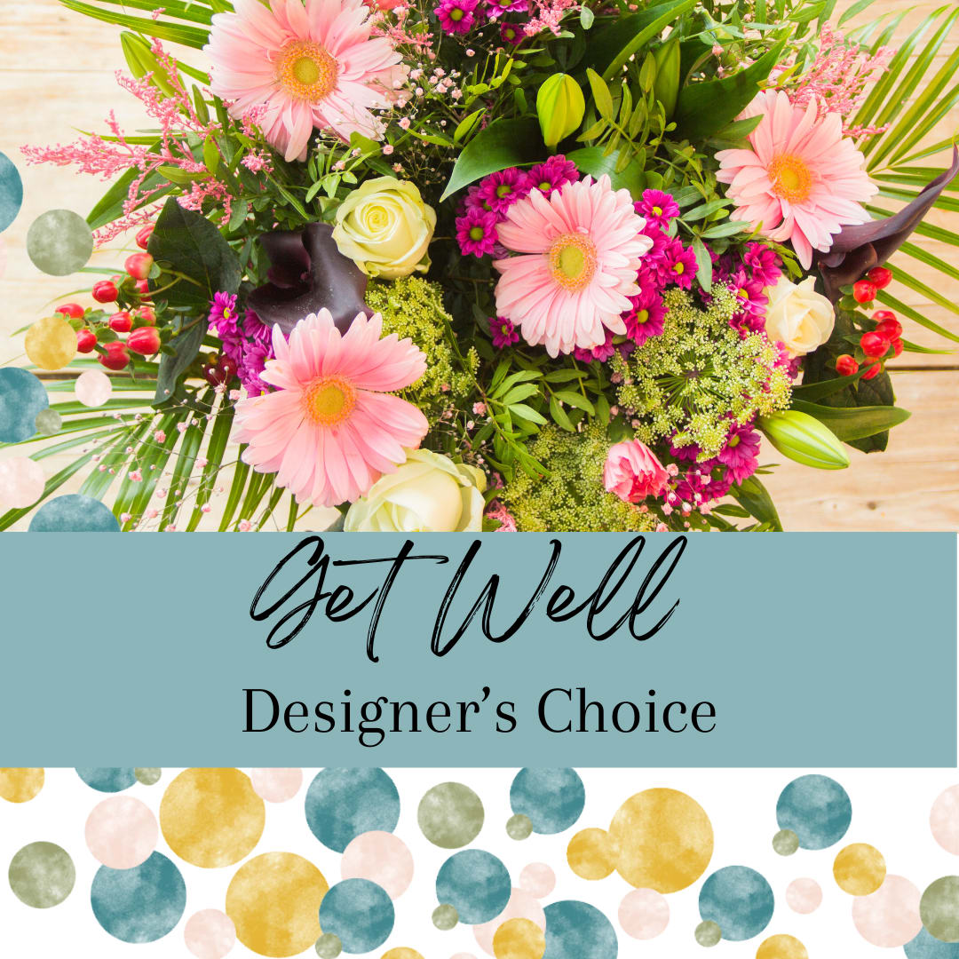 Get Well Designer's Choice - Wish them well with a bright, beautiful bouquet. This bright and cherry arrangement is sure to brighten their day and space. As always our designer's choice arrangement will feature the season's freshest blooms with varied texture to create a one of a kind arrangement full of whimsy.