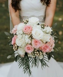Tastefully Timeless bouquet - The &quot;Tastefully Timeless&quot; hand-tied bouquet blends elegance and charm, featuring soft pink and pristine white roses that create a romantic focal point. Delicate blush hypericum berries add a subtle touch of color and texture, while the lovely white spray roses enhance the bouquet's classic appeal. Feather eucalyptus and seeded eucalyptus introduce a lush greenery that perfectly complements the floral arrangement, offering a fresh and airy feel. Finished with a ribbon bearing an inspirational saying, this bouquet is a perfect expression of love and sophistication, ideal for any special occasion or to brighten a loved one's day.