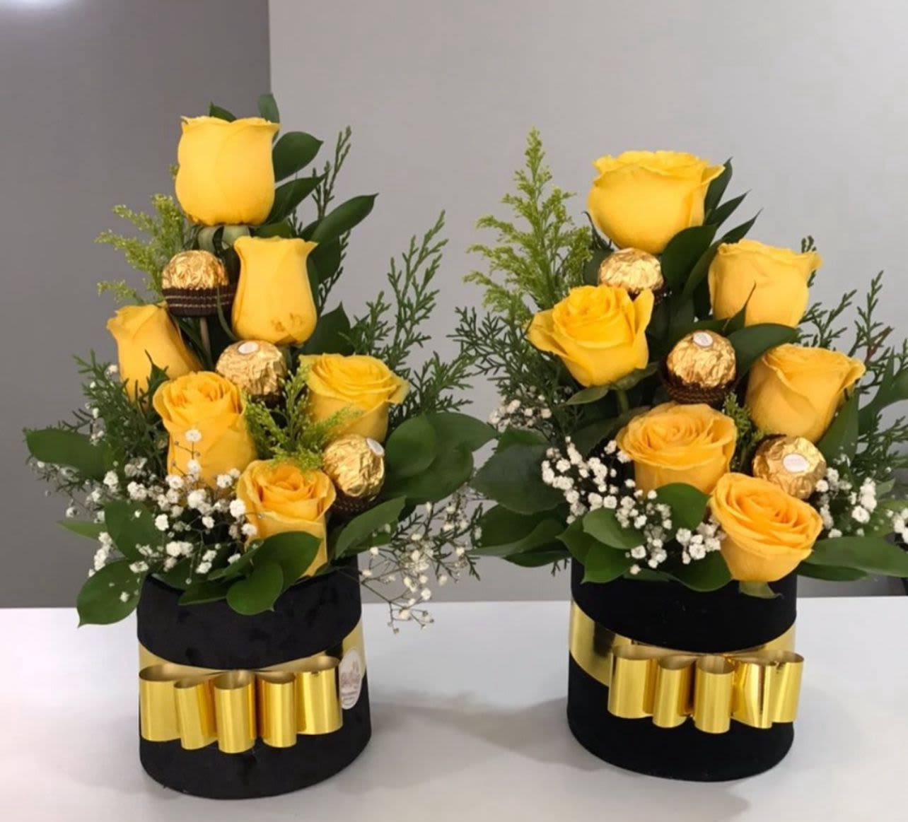 choco caja solecito - caja de carton elaborada con rosas amarillas 6 unidades y 3 chocolates ferrero