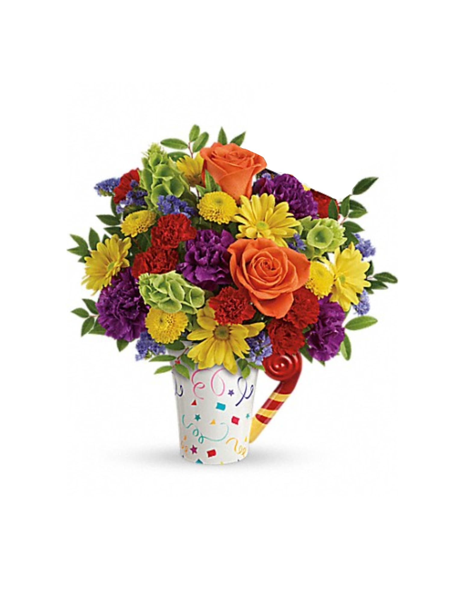 Celebrate You - This delightful gift bursts with roses, miniature carnations, button chrysanthemums, and daisies. Delivered in a Cheers to You mug.